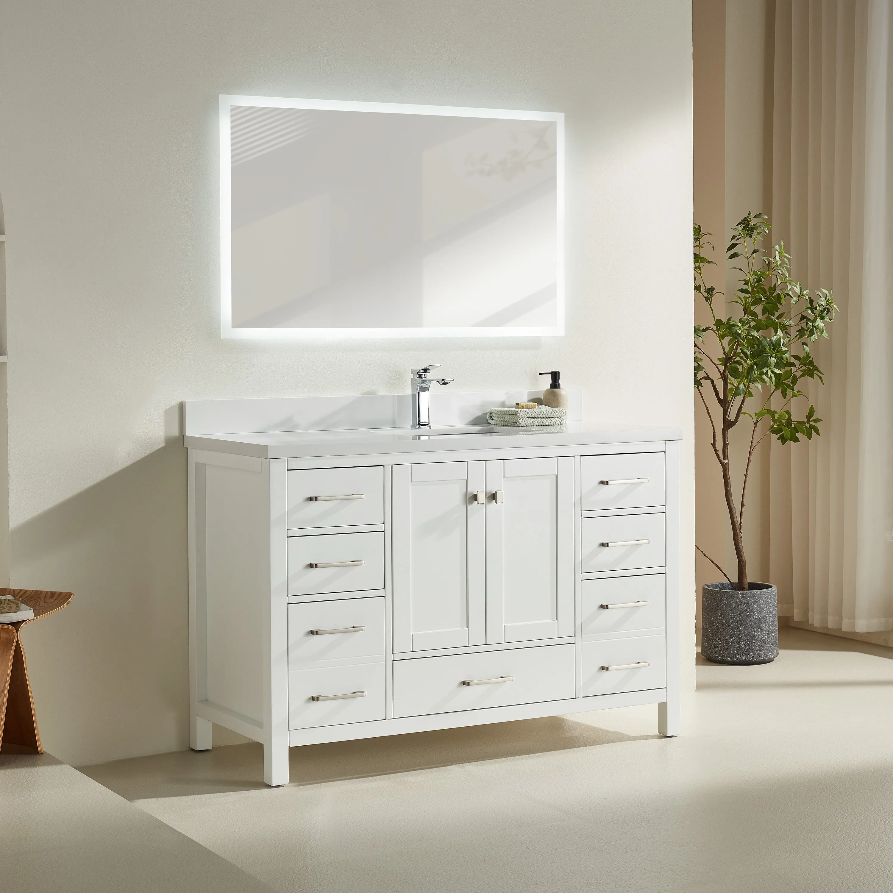 Rose- 54" White , Floor Standing Modern Bathroom Vanity, White Quartz Countertop