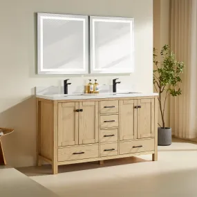 Rose- 60" Double Sink, White Oak, Floor Standing Modern Bathroom Vanity,  Quartz Countertop