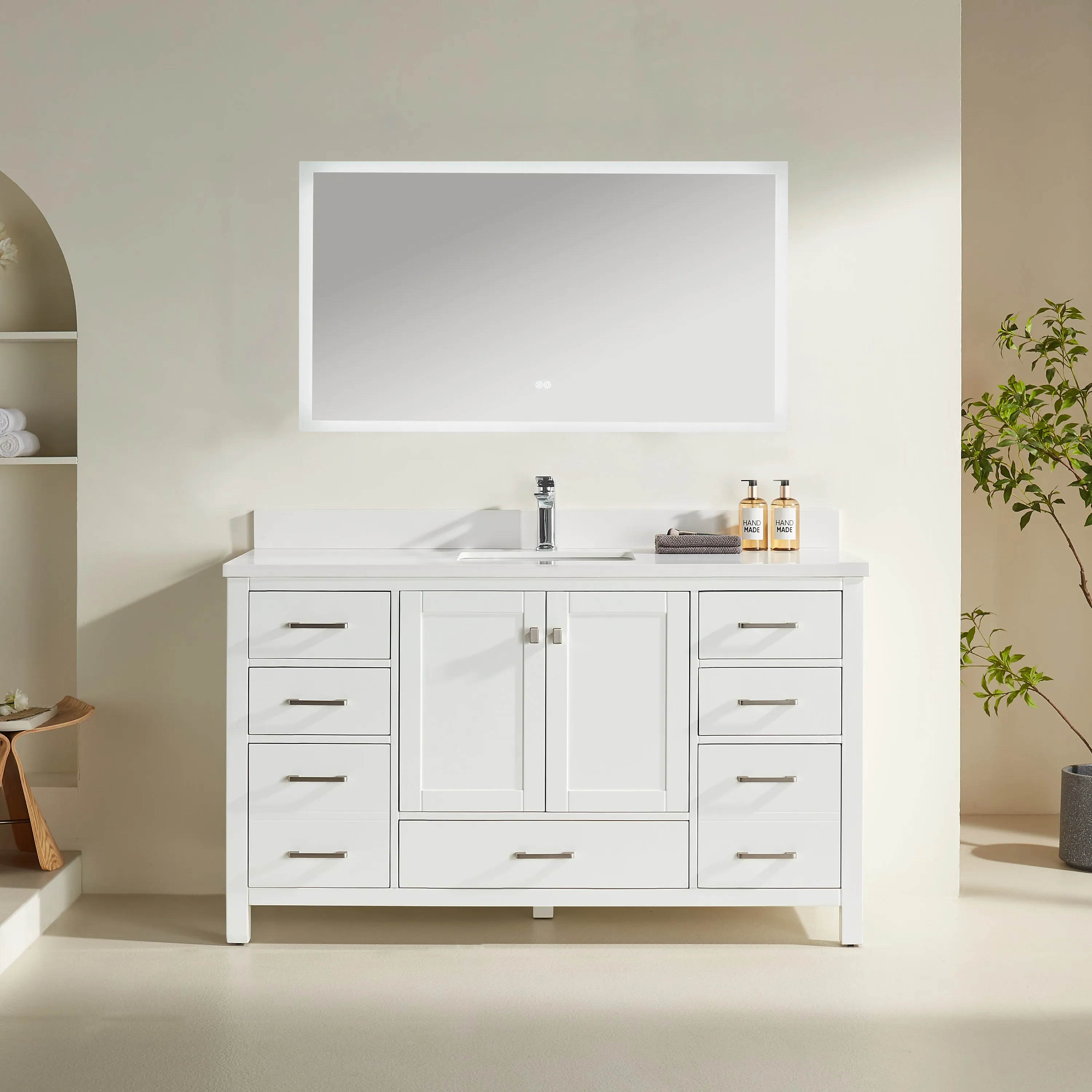 Rose- 60" Single Sink, White , Floor Standing Modern Bathroom Vanity, White Quartz Countertop