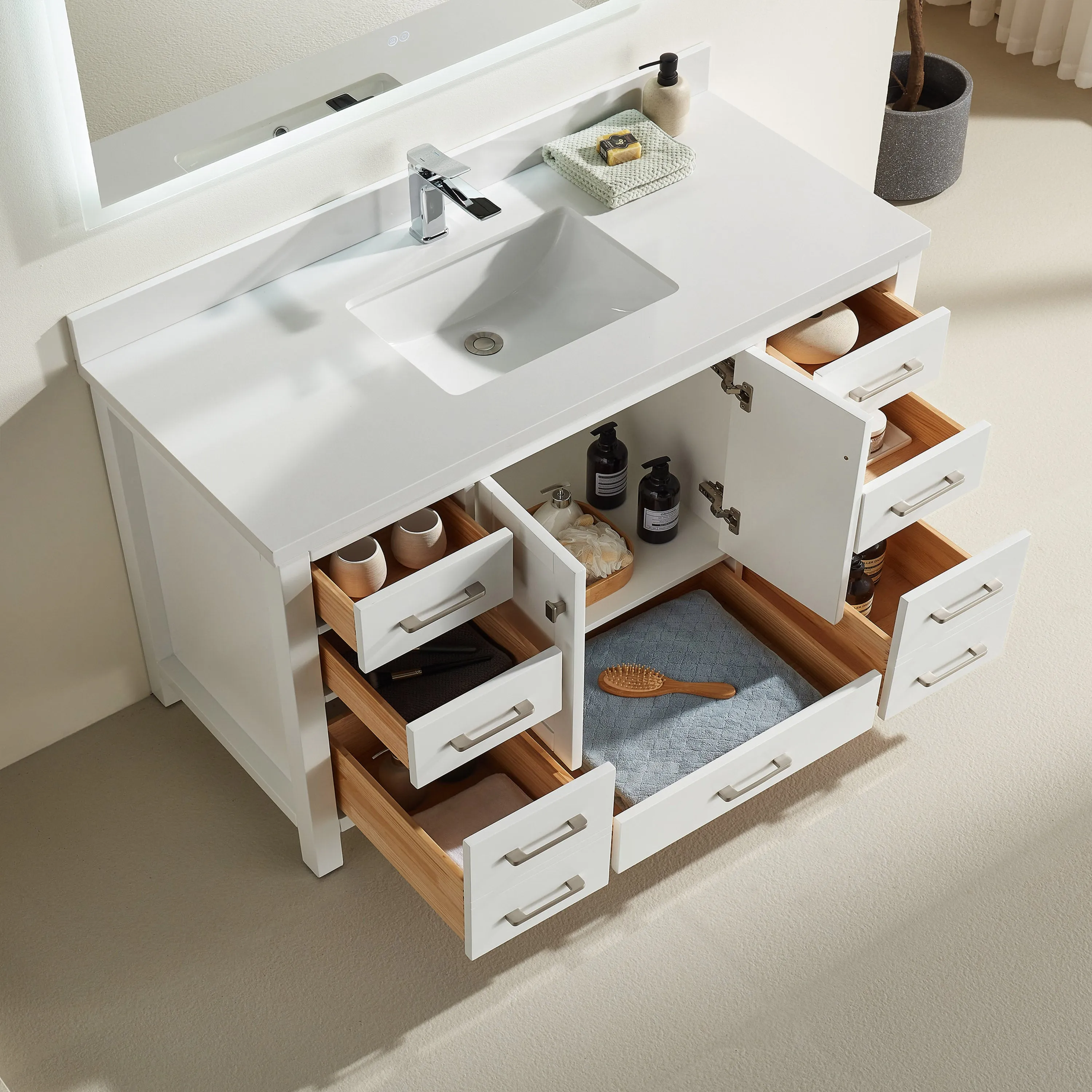 Rose- 60" Single Sink, White , Floor Standing Modern Bathroom Vanity, White Quartz Countertop