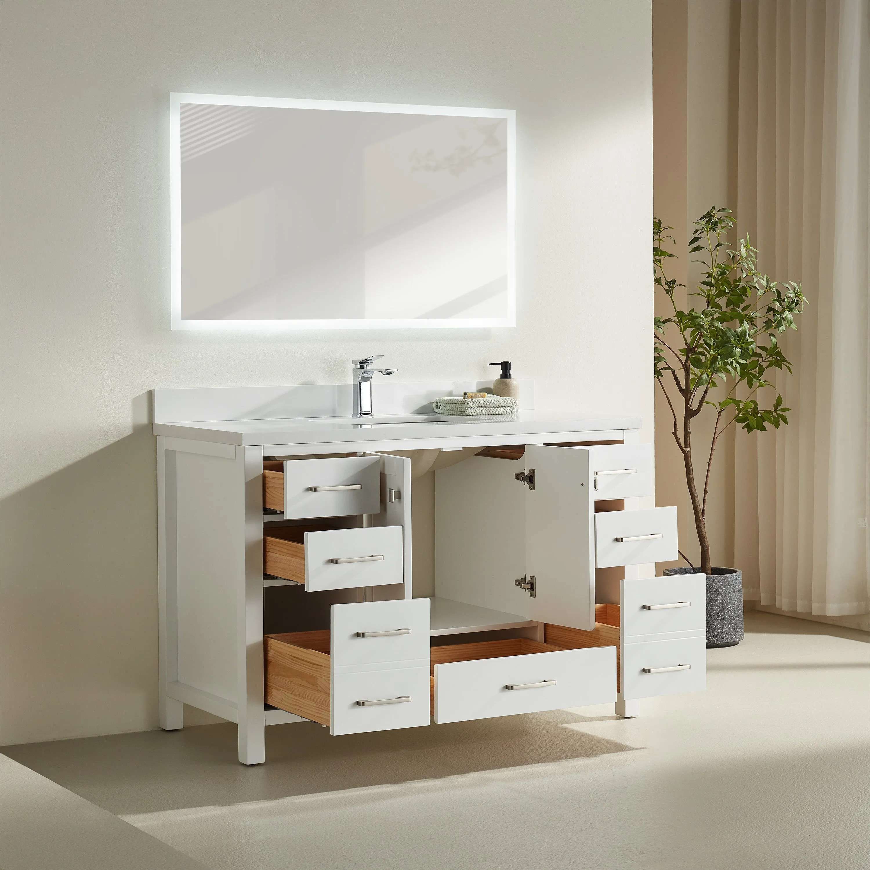 Rose- 60" Single Sink, White , Floor Standing Modern Bathroom Vanity, White Quartz Countertop