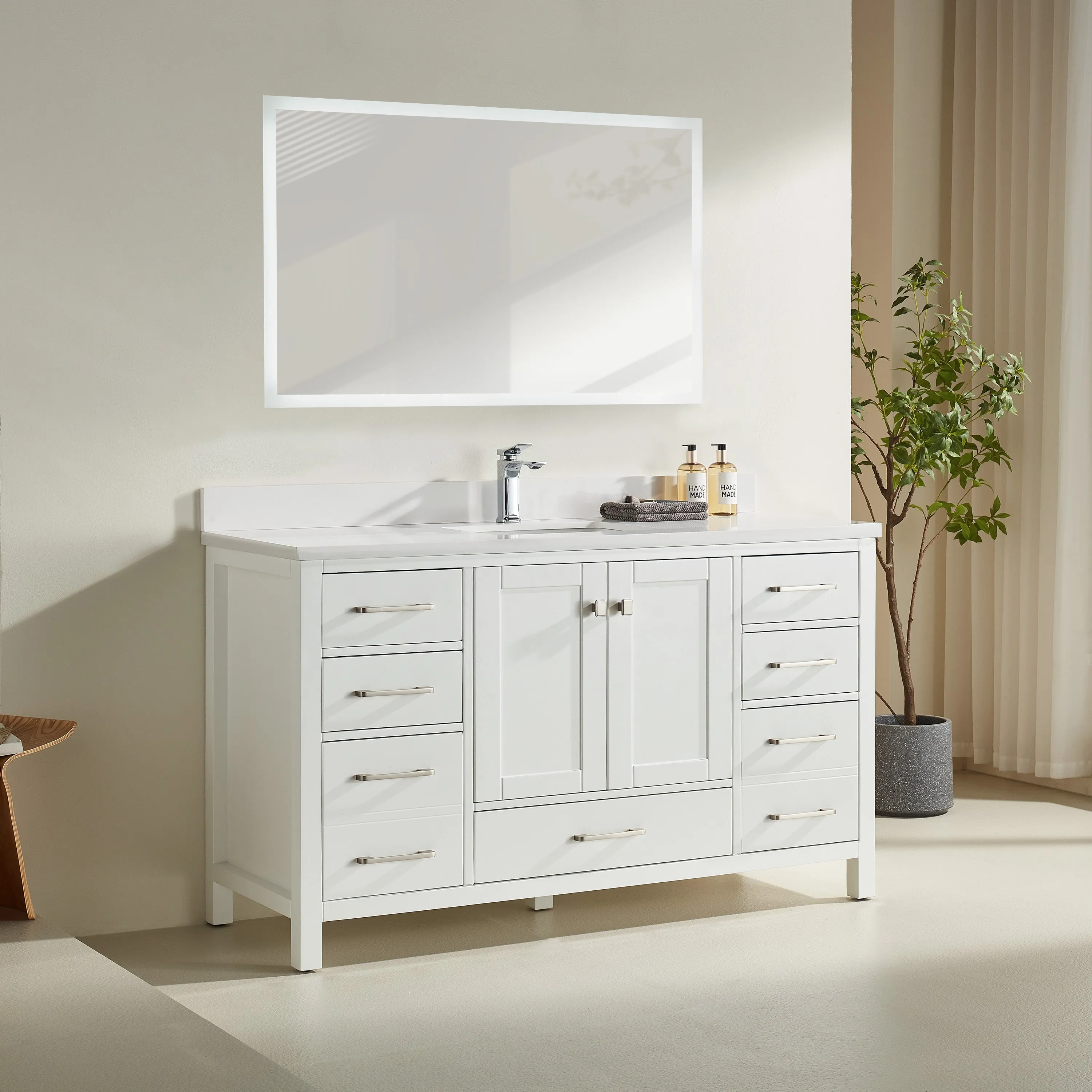 Rose- 60" Single Sink, White , Floor Standing Modern Bathroom Vanity, White Quartz Countertop