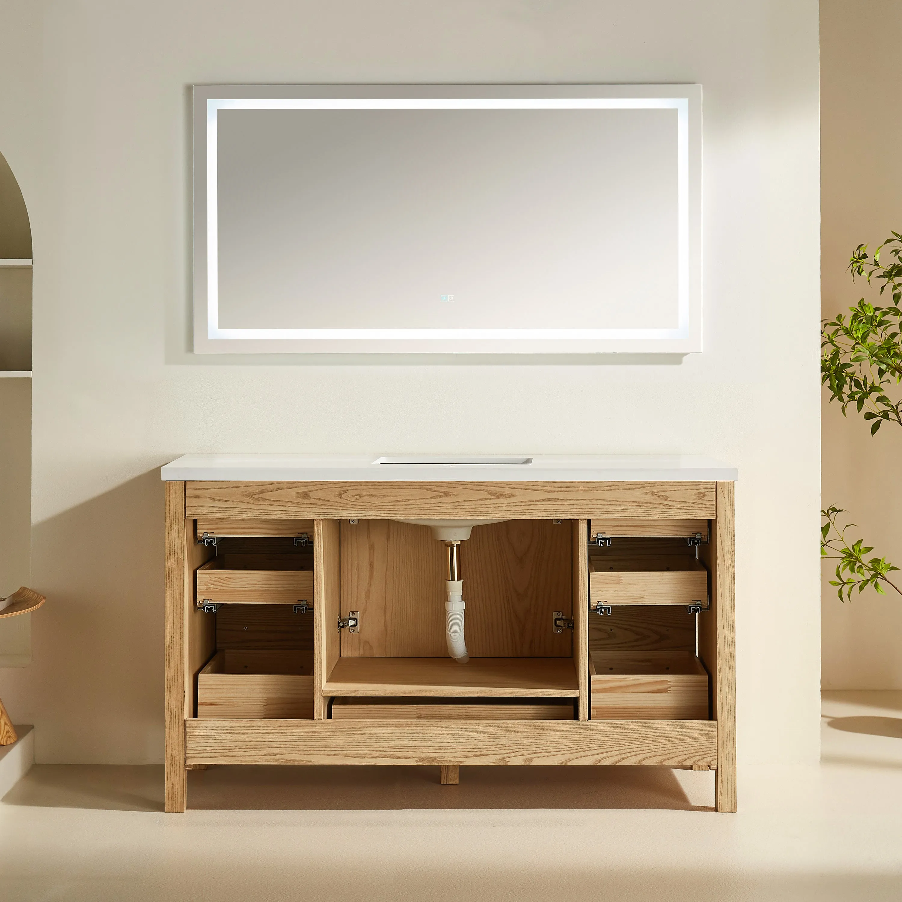 Rose- 60" Single Sink, White Oak , Floor Standing Modern Bathroom Vanity, White Quartz Countertop