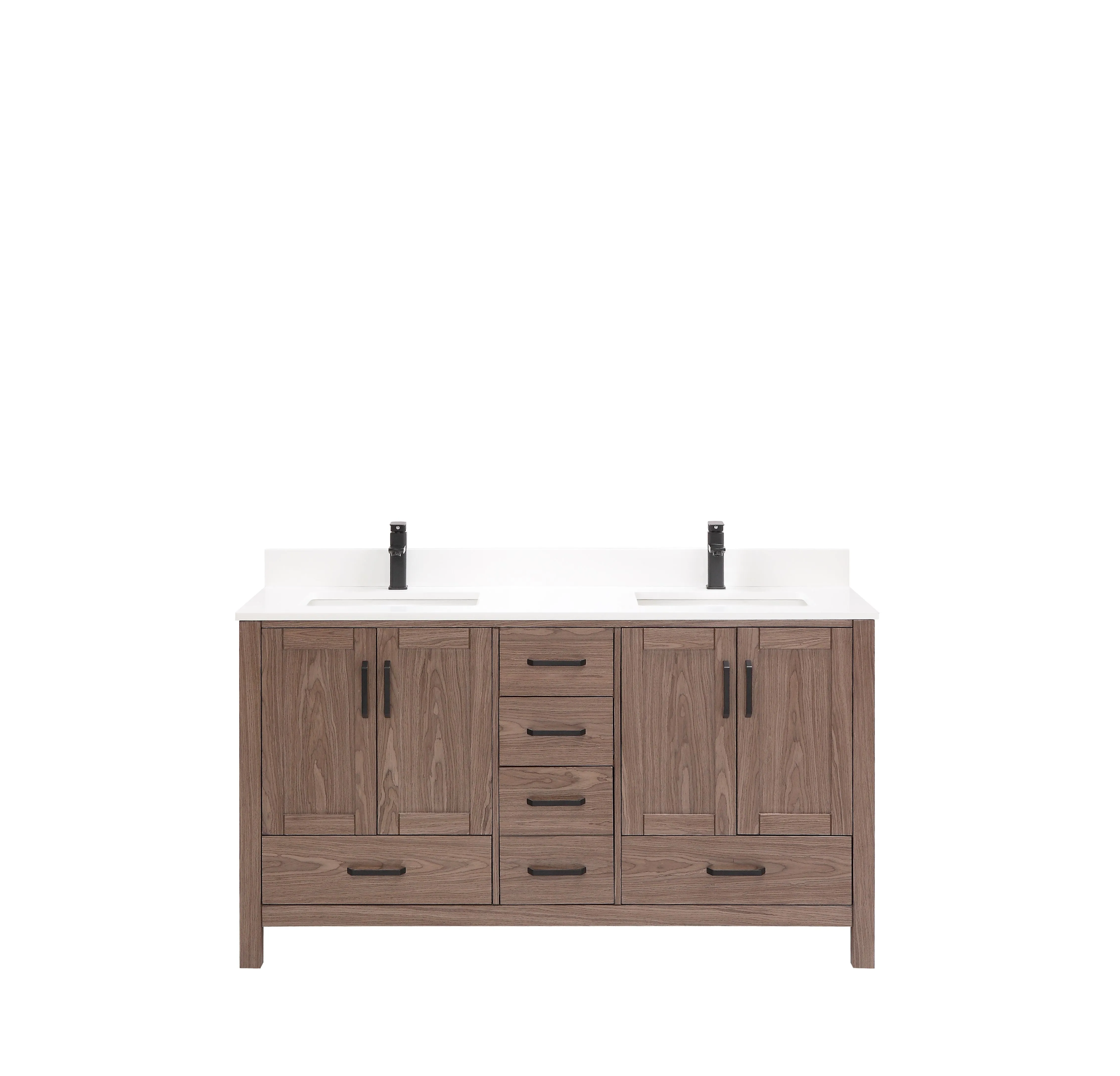 ROSE - 60",Double Sink, Brown Oak, Floor Standing Modern Bathroom Vanity, White Quartz Countertop