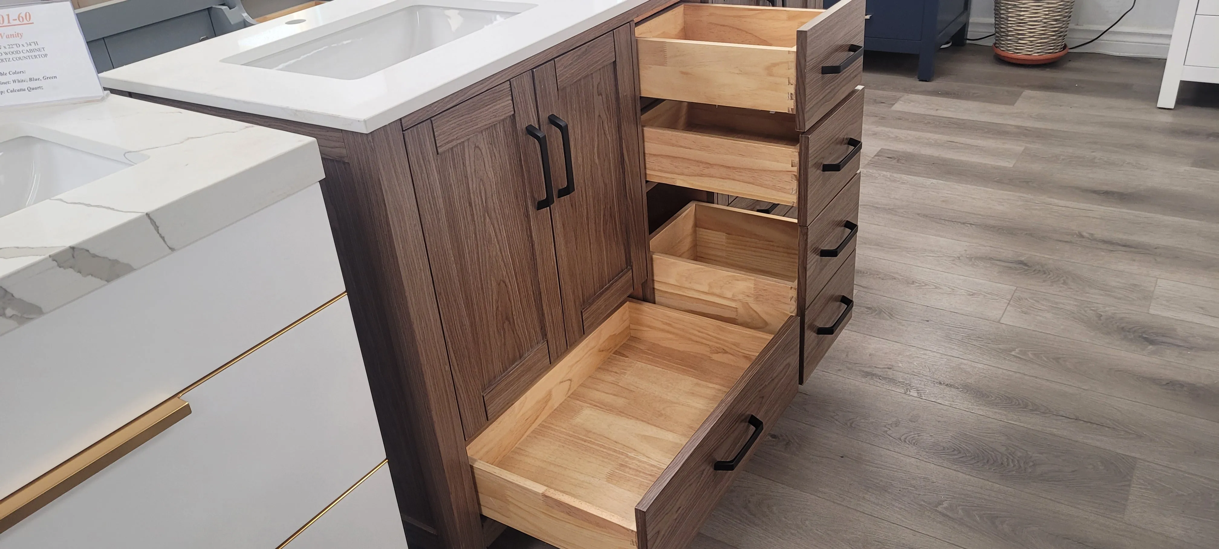 ROSE - 60",Double Sink, Brown Oak, Floor Standing Modern Bathroom Vanity, White Quartz Countertop