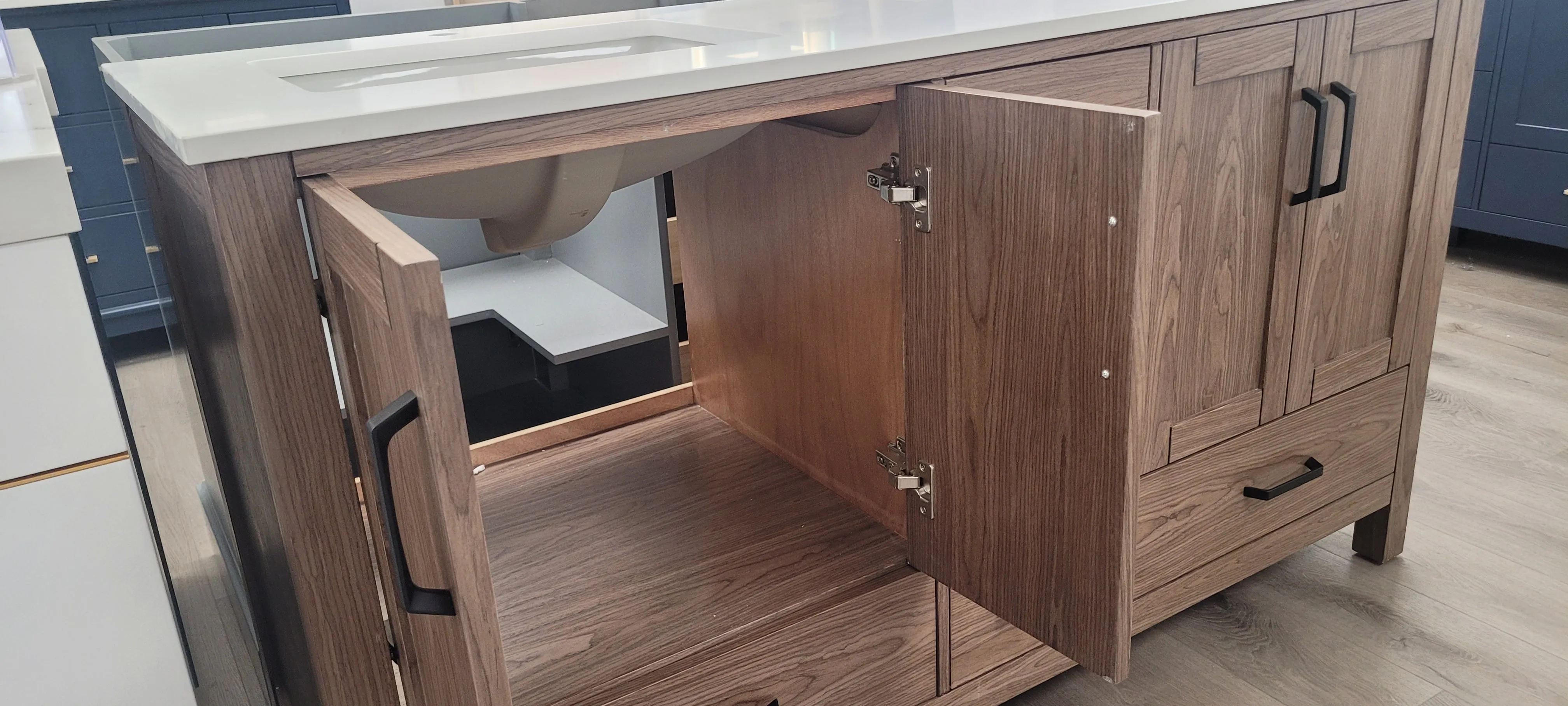 ROSE - 60",Double Sink, Brown Oak, Floor Standing Modern Bathroom Vanity, White Quartz Countertop