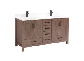 ROSE - 60",Double Sink, Brown Oak, Floor Standing Modern Bathroom Vanity, White Quartz Countertop