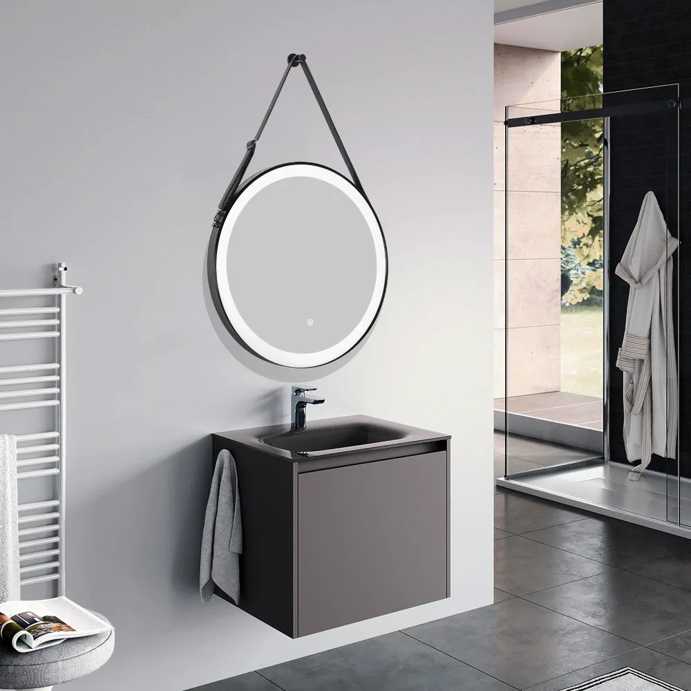 Round Black Framed Vanity Mirror, Belt Hanging
