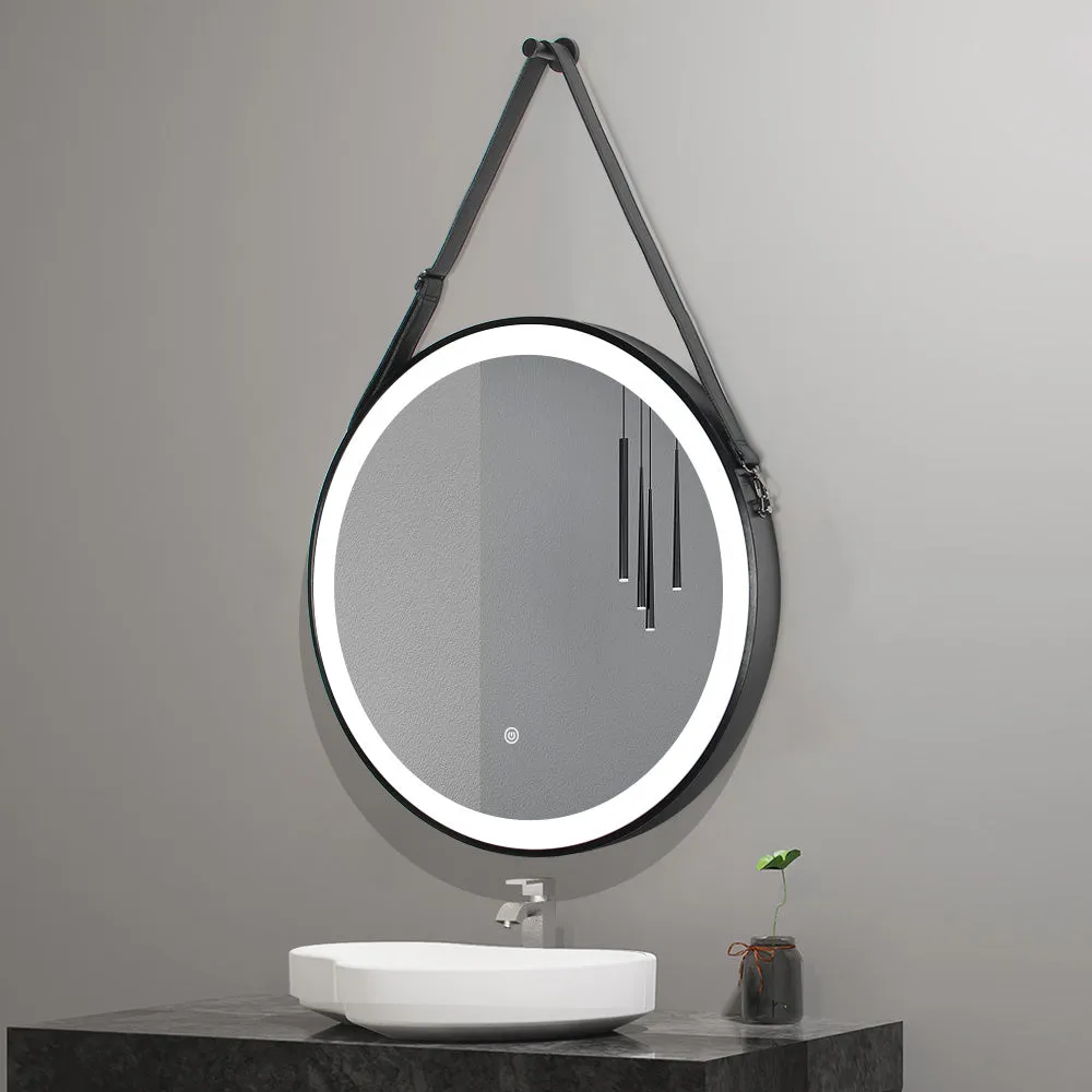 Round Black Framed Vanity Mirror, Belt Hanging
