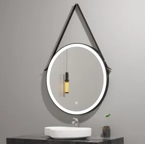 Round Black Framed Vanity Mirror, Belt Hanging