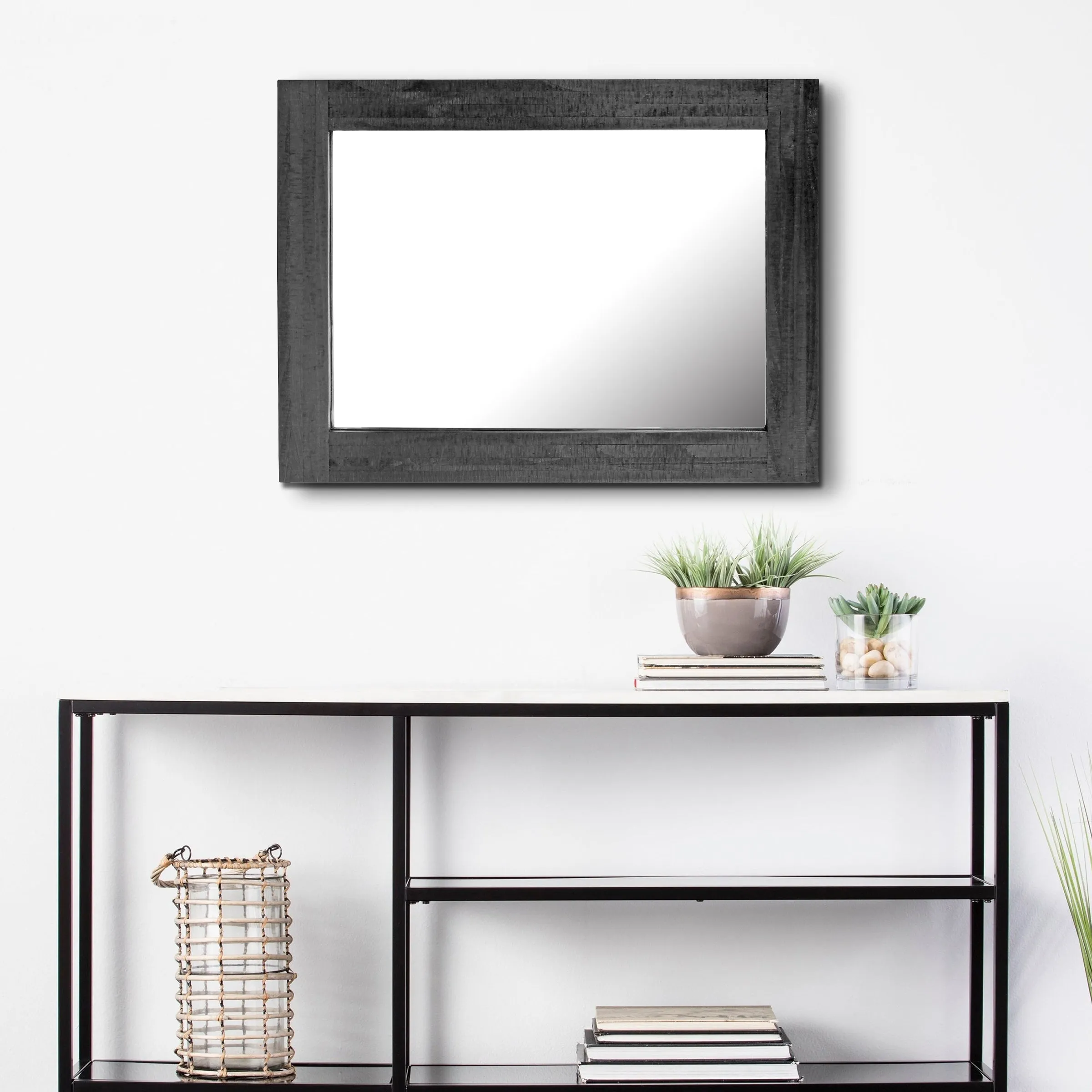 Rustic Rectangular Black Painted Wood Frame Hanging Wall Mirror