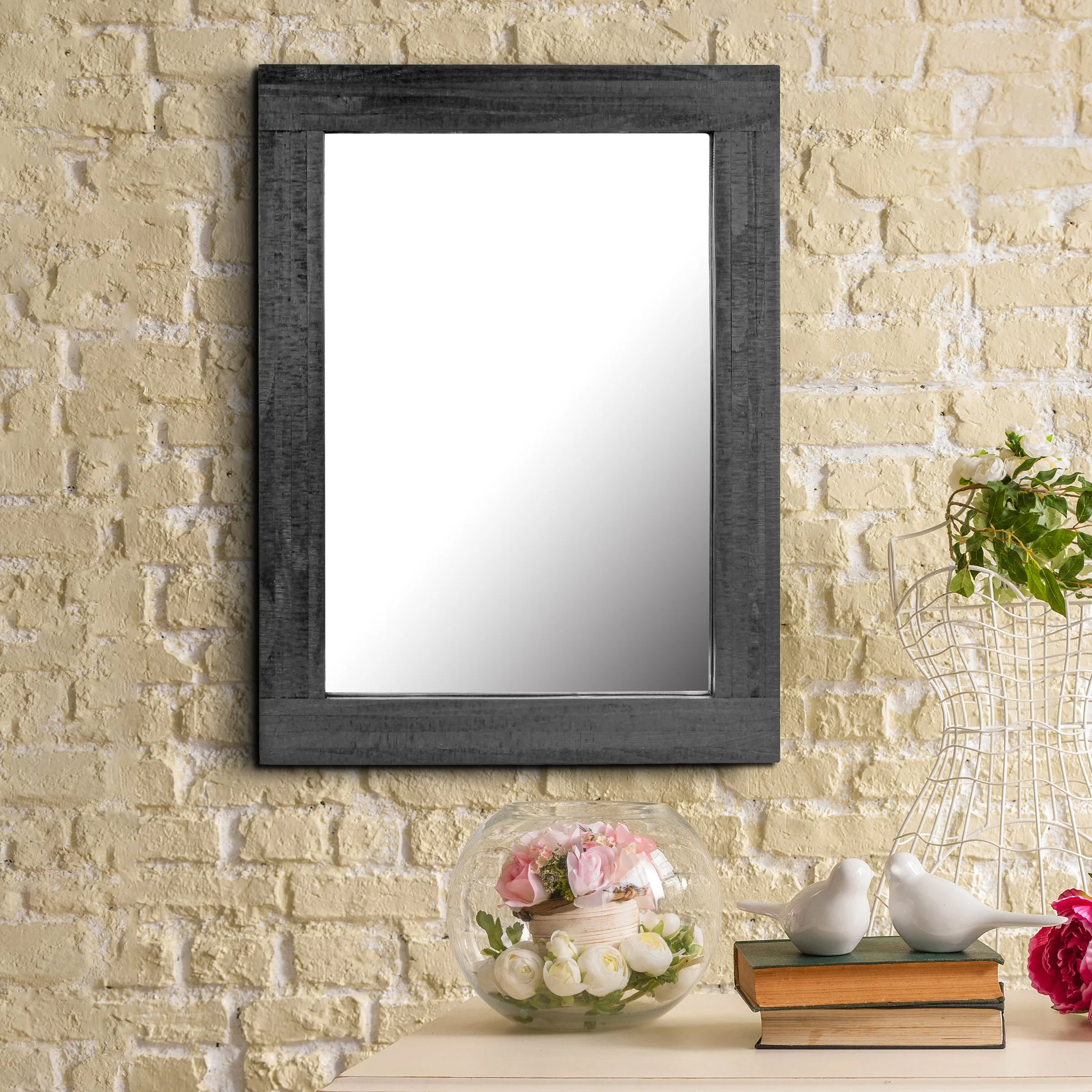 Rustic Rectangular Black Painted Wood Frame Hanging Wall Mirror