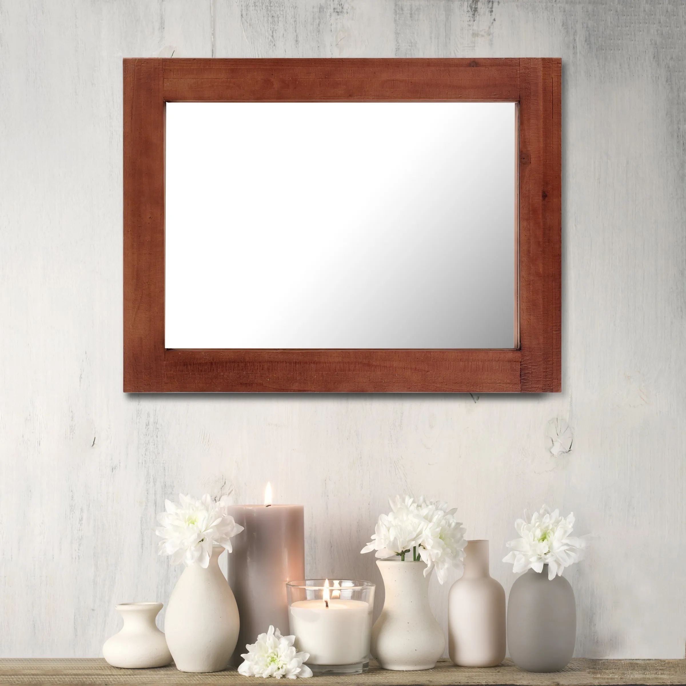 Rustic Rectangular Redwood Wooden Frame Hanging Wall Mirror