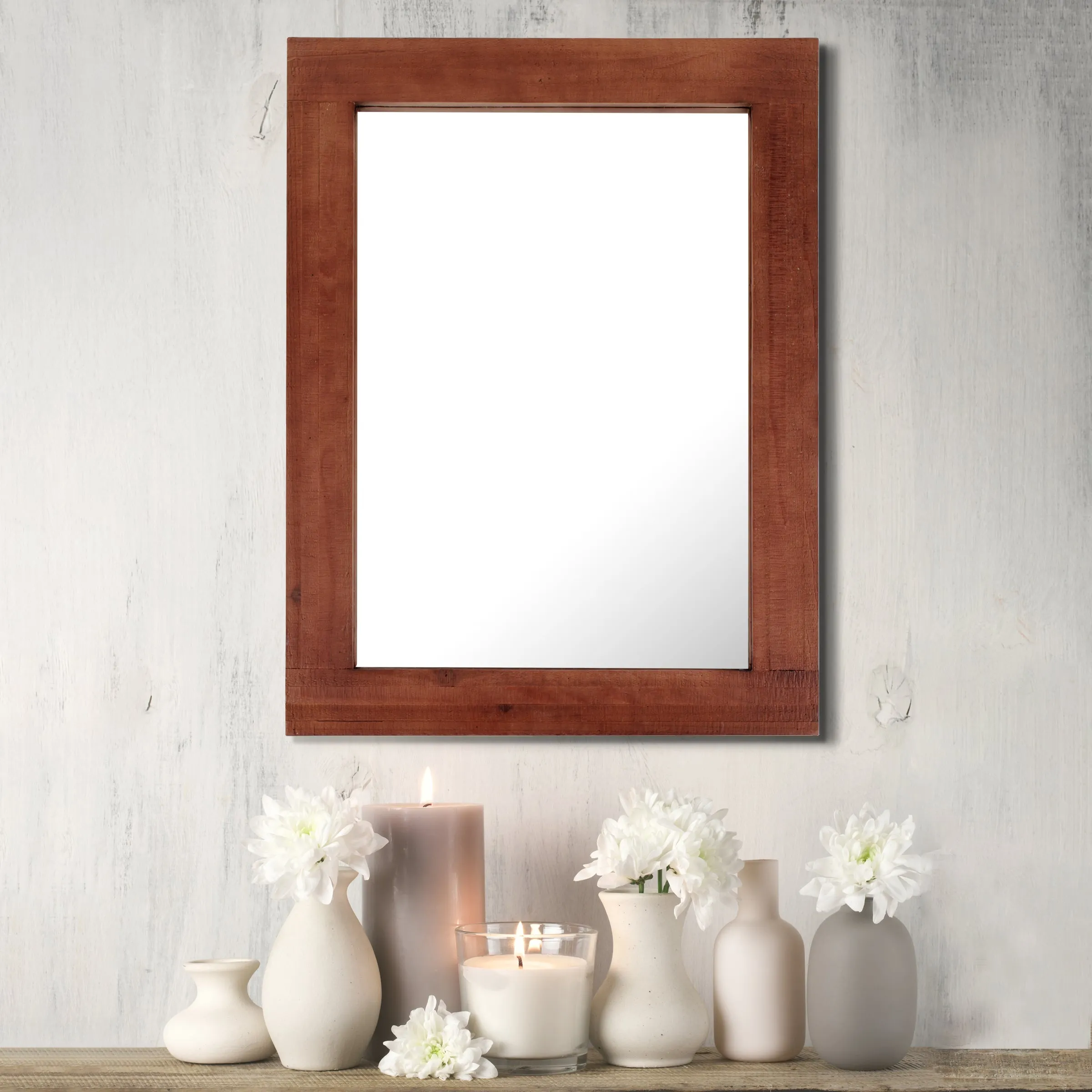 Rustic Rectangular Redwood Wooden Frame Hanging Wall Mirror