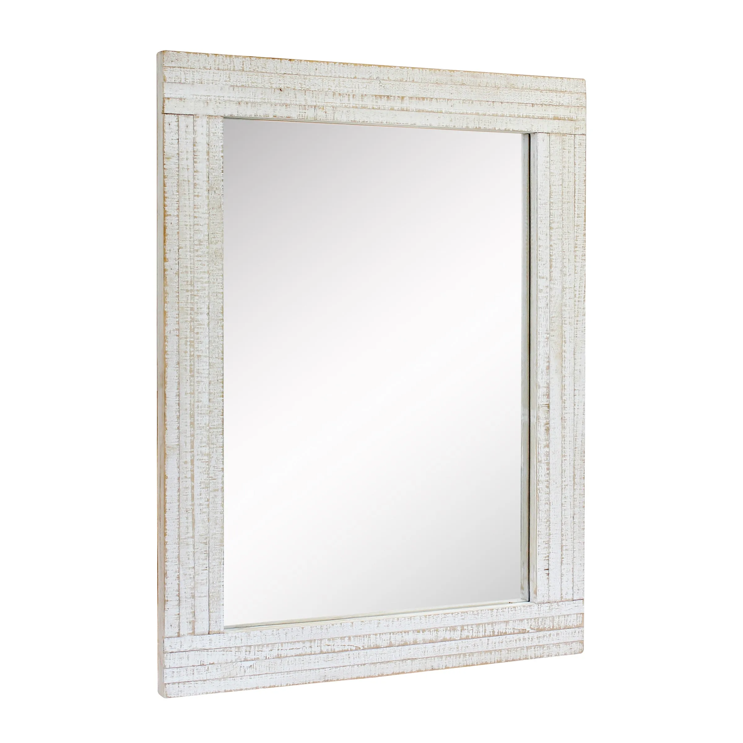 Rustic Rectangular Worn White Wood Frame Hanging Wall Mirror (WS)