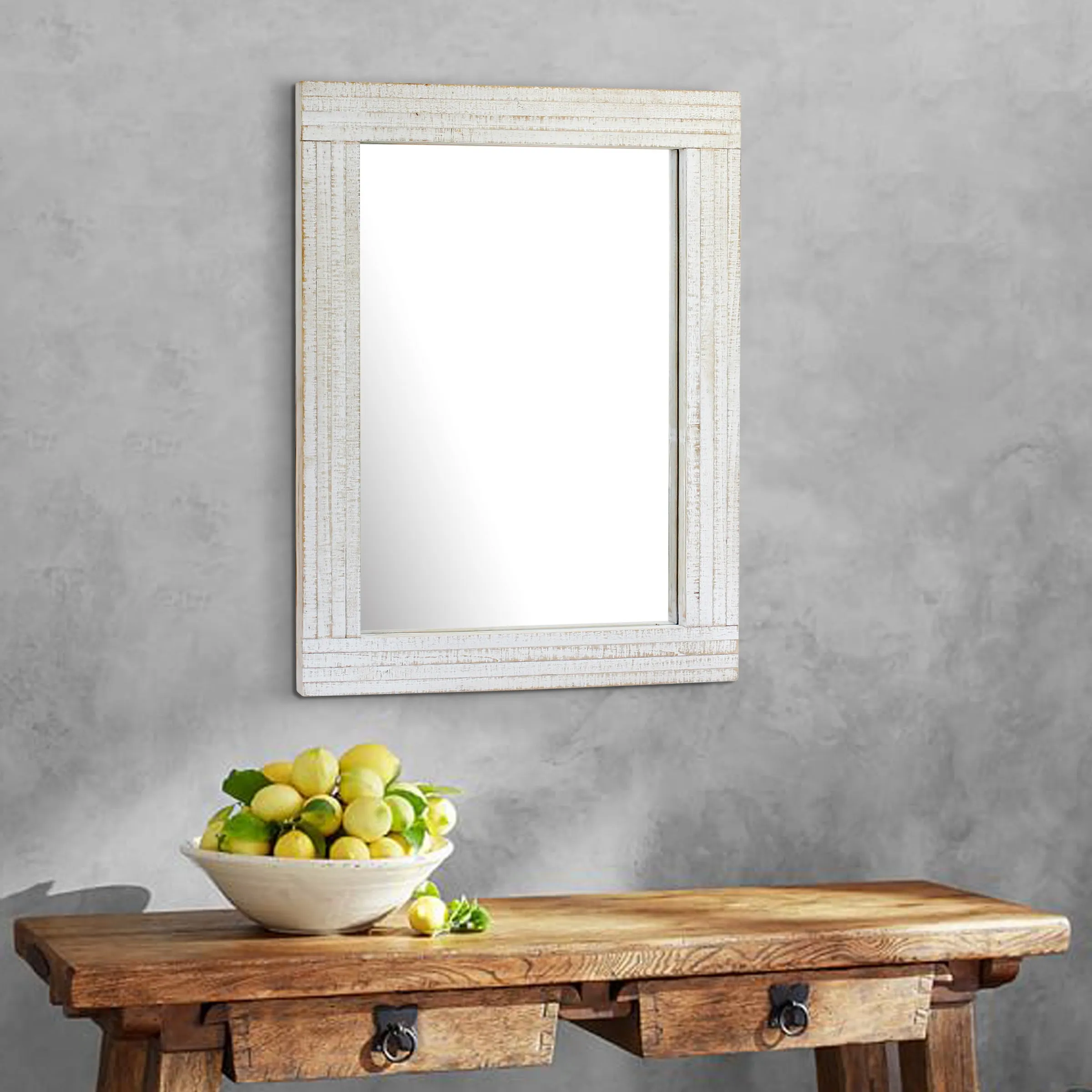 Rustic Rectangular Worn White Wood Frame Hanging Wall Mirror (WS)