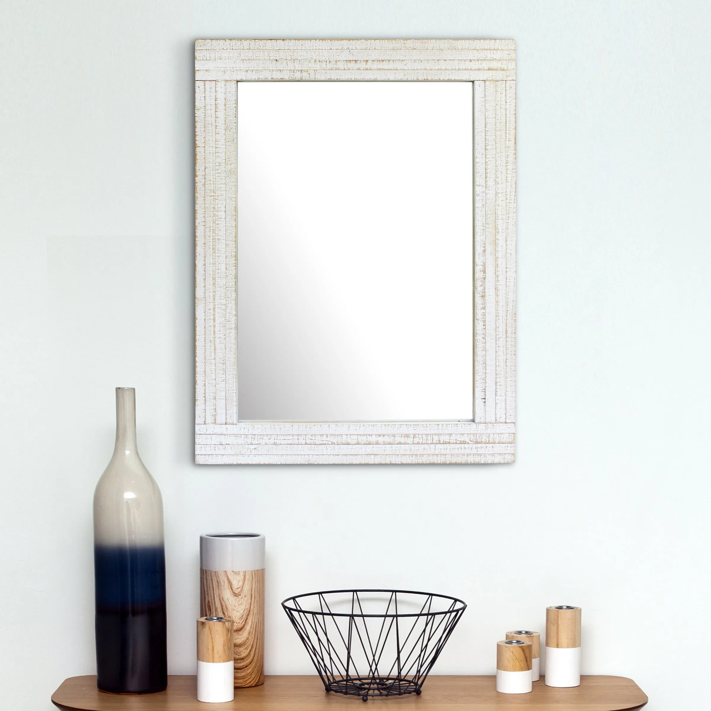 Rustic Rectangular Worn White Wood Frame Hanging Wall Mirror (WS)