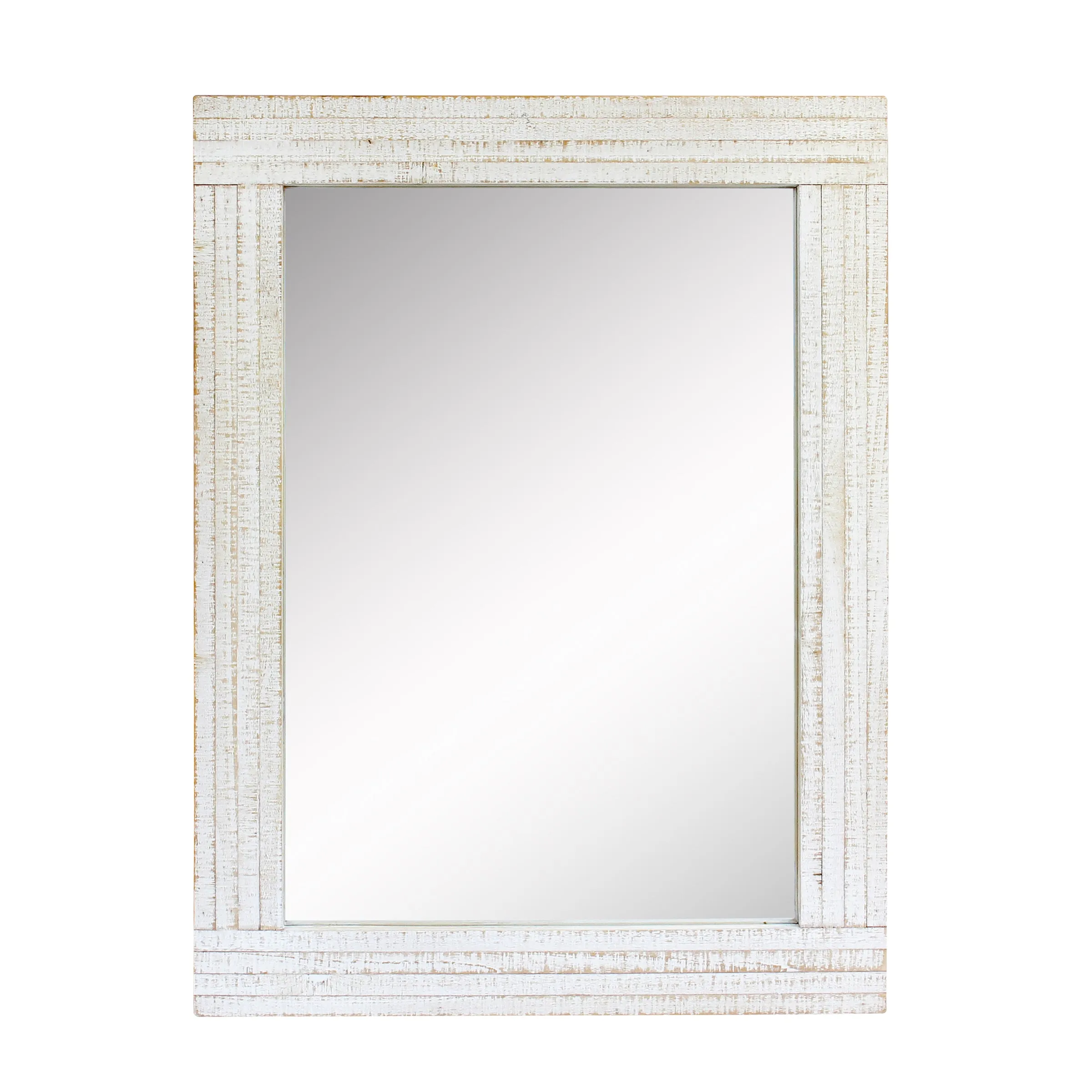 Rustic Rectangular Worn White Wood Frame Hanging Wall Mirror (WS)