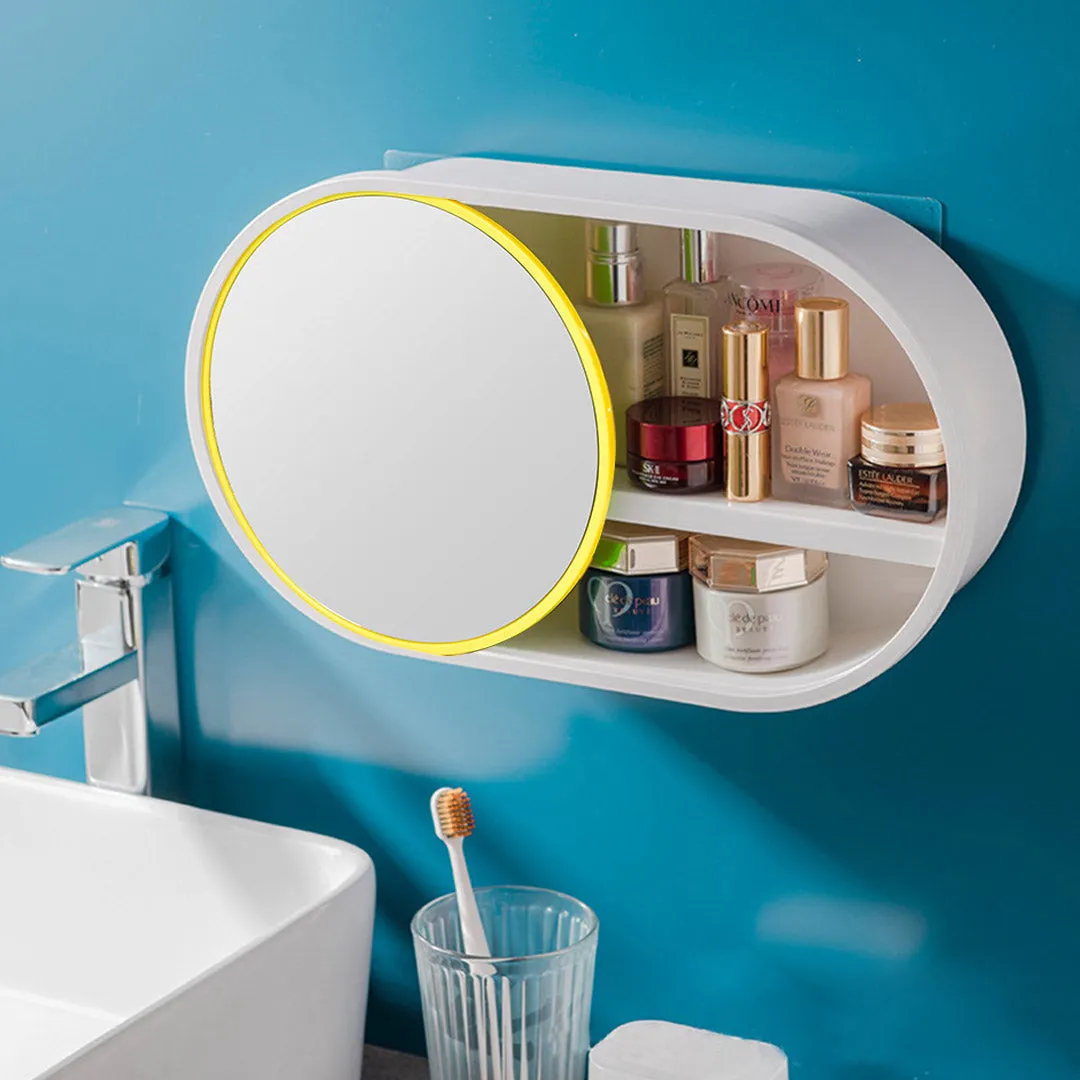 SOGA 39cm Oval Wall-Mounted Mirror Storage Box Vanity Mirror Rack Bathroom Adhesive Shelf Home Organiser Decor