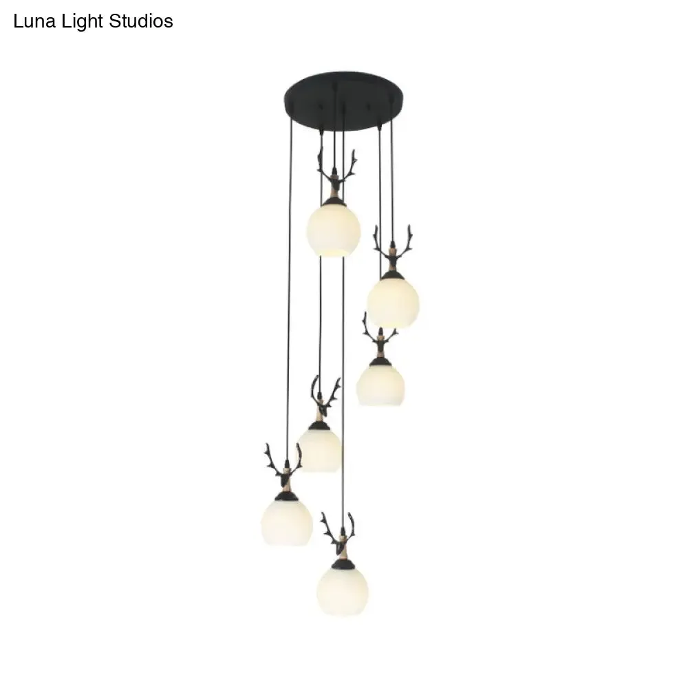 Spiral Milky Glass Multi Pendant Simple Hanging Ceiling Light in Black for Stairs