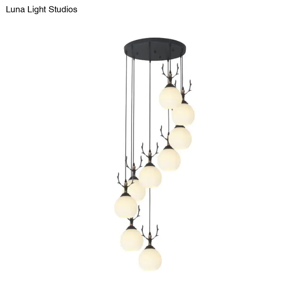Spiral Milky Glass Multi Pendant Simple Hanging Ceiling Light in Black for Stairs