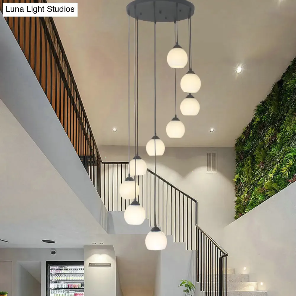 Spiral Milky Glass Multi Pendant Simple Hanging Ceiling Light in Black for Stairs