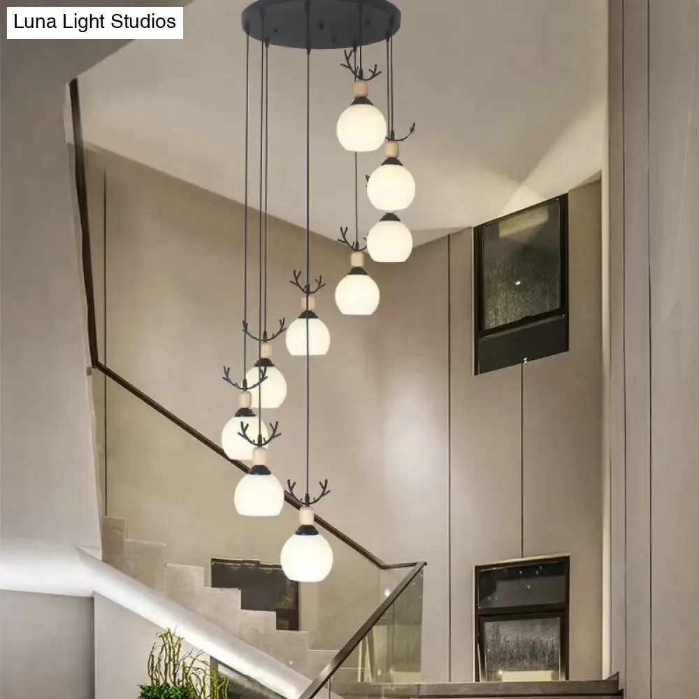 Spiral Milky Glass Multi Pendant Simple Hanging Ceiling Light in Black for Stairs