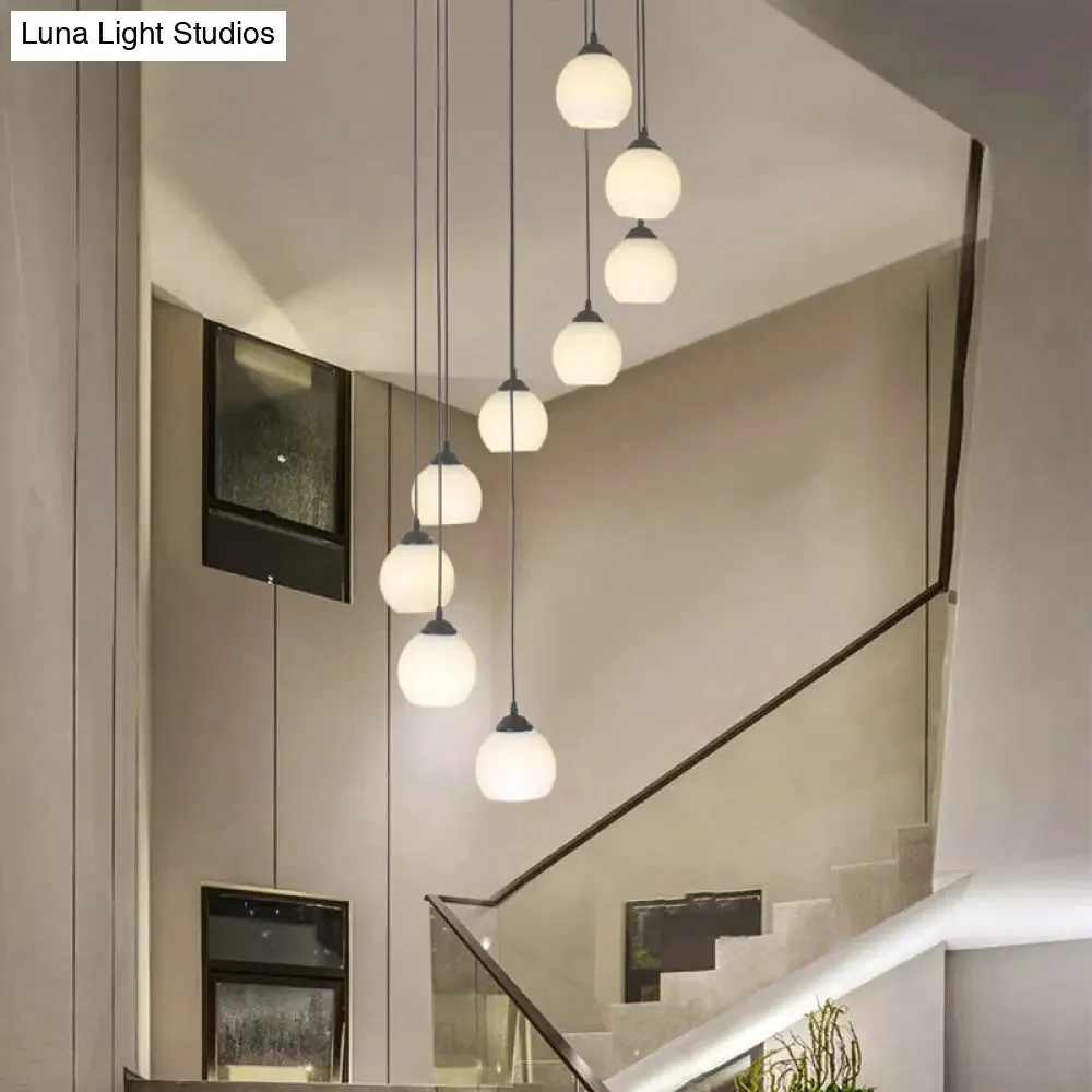 Spiral Milky Glass Multi Pendant Simple Hanging Ceiling Light in Black for Stairs