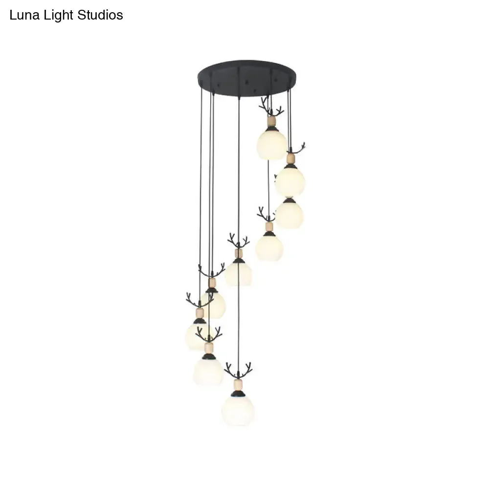 Spiral Milky Glass Multi Pendant Simple Hanging Ceiling Light in Black for Stairs