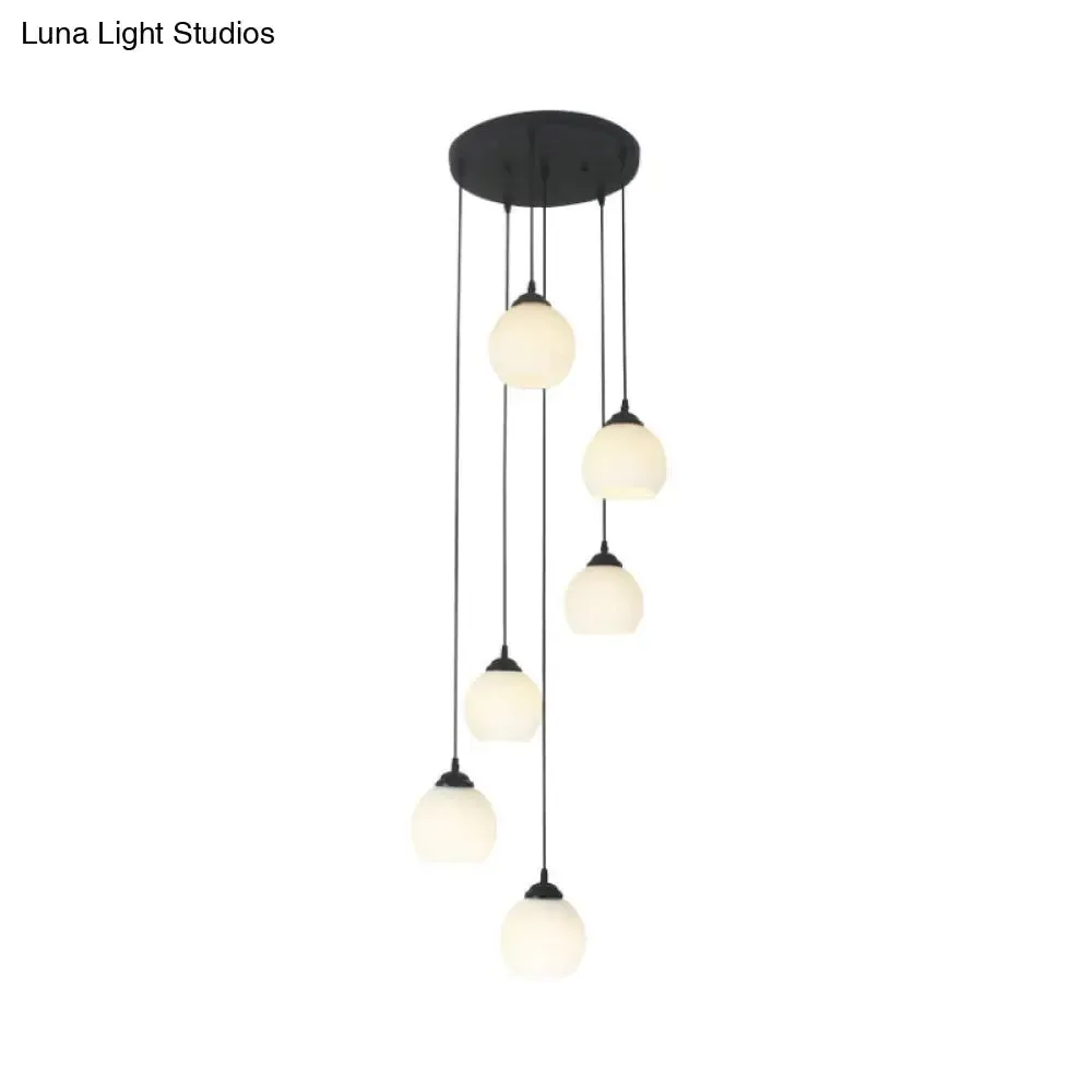 Spiral Milky Glass Multi Pendant Simple Hanging Ceiling Light in Black for Stairs