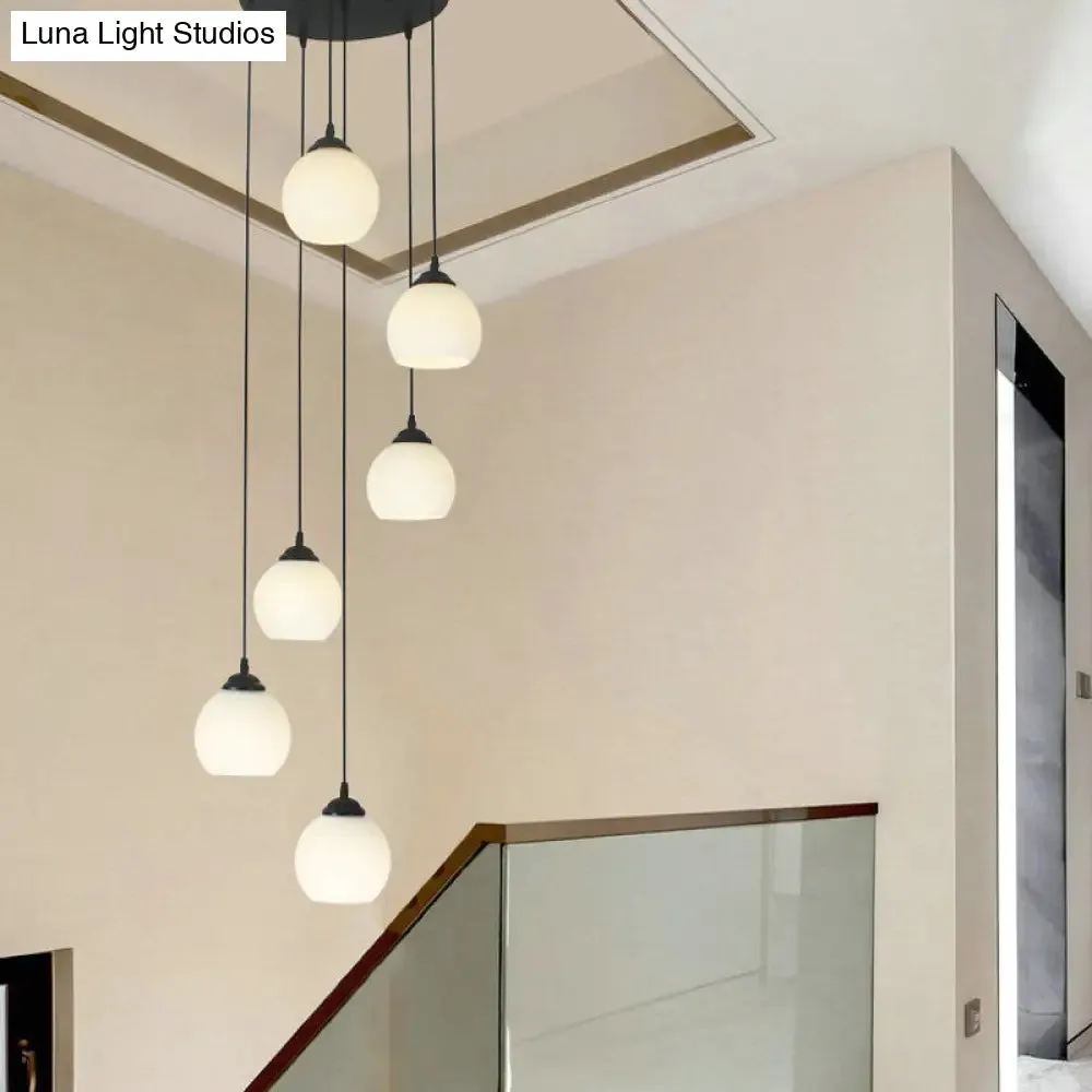 Spiral Milky Glass Multi Pendant Simple Hanging Ceiling Light in Black for Stairs