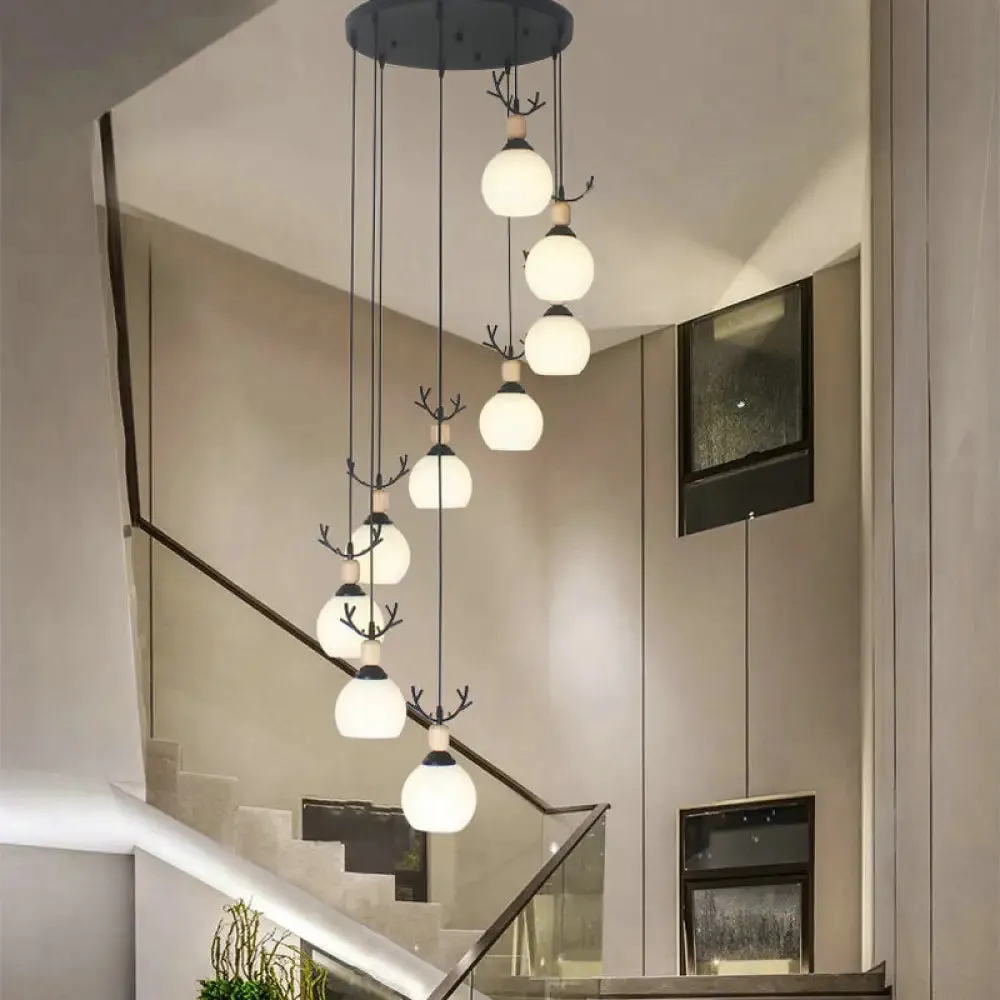 Spiral Milky Glass Multi Pendant Simple Hanging Ceiling Light in Black for Stairs