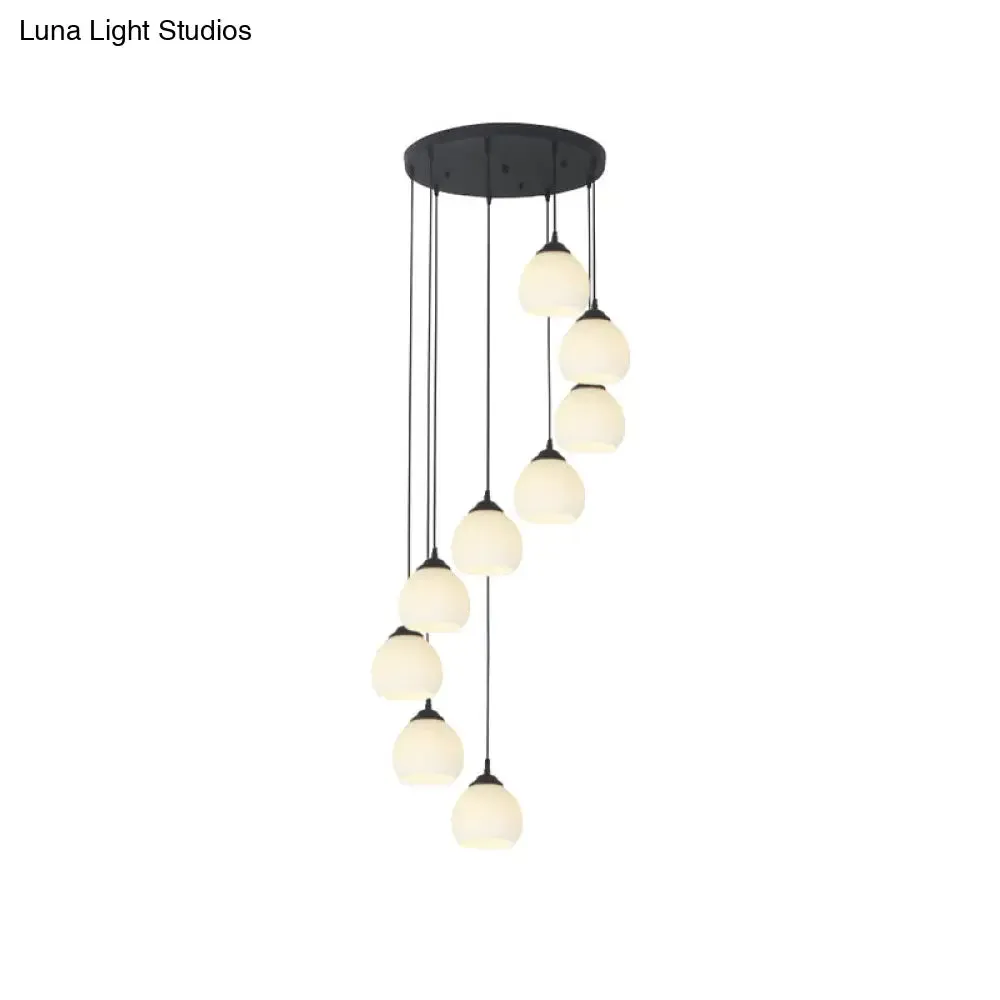 Spiral Milky Glass Multi Pendant Simple Hanging Ceiling Light in Black for Stairs