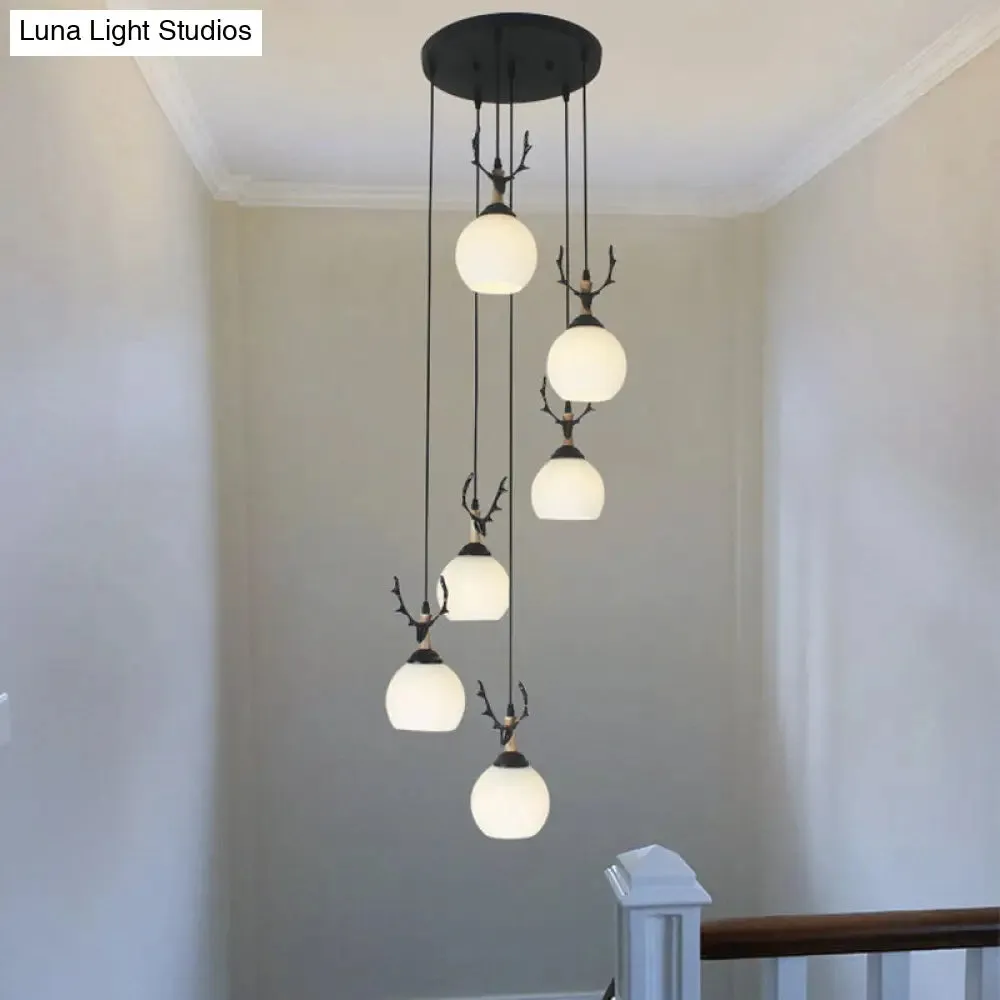Spiral Milky Glass Multi Pendant Simple Hanging Ceiling Light in Black for Stairs