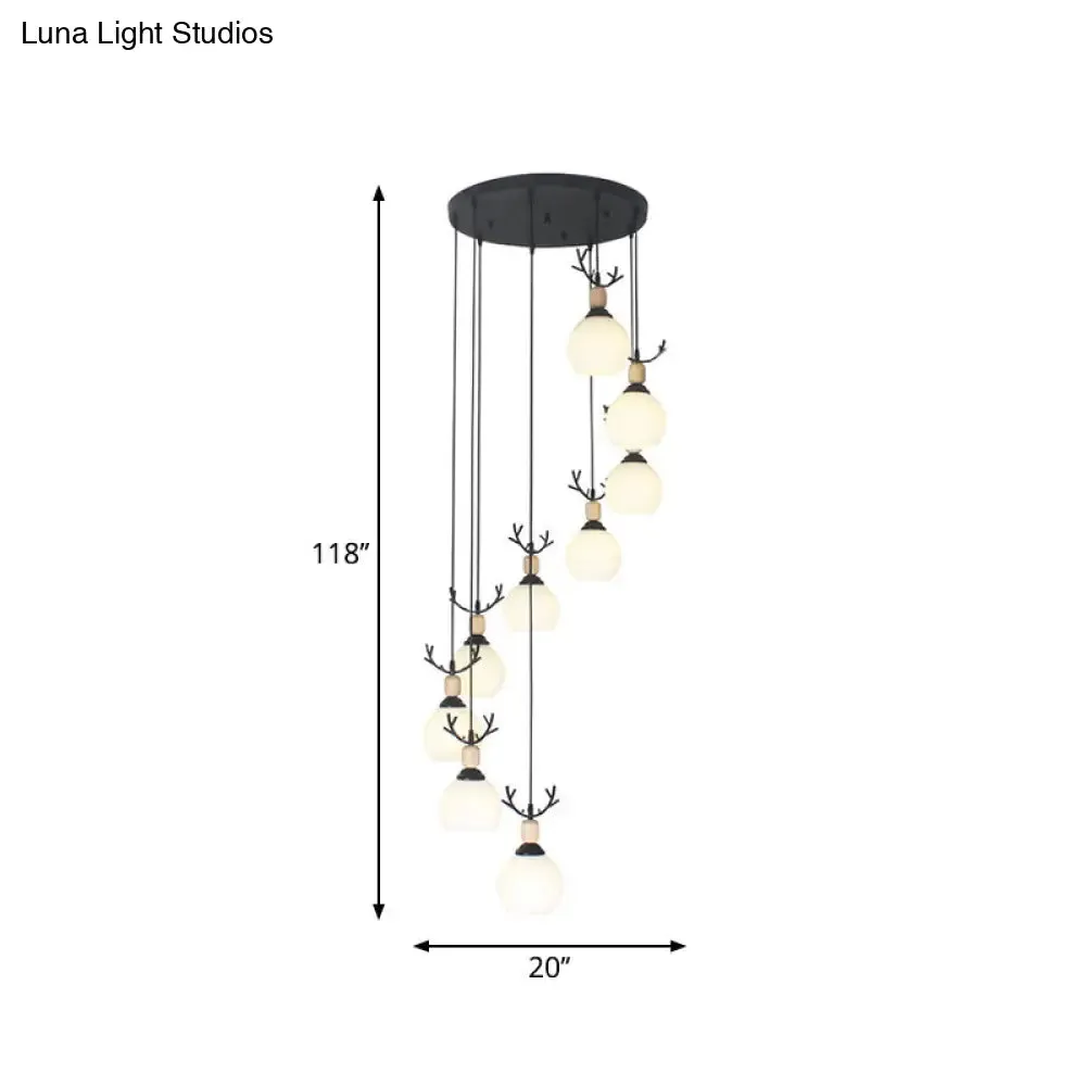 Spiral Milky Glass Multi Pendant Simple Hanging Ceiling Light in Black for Stairs