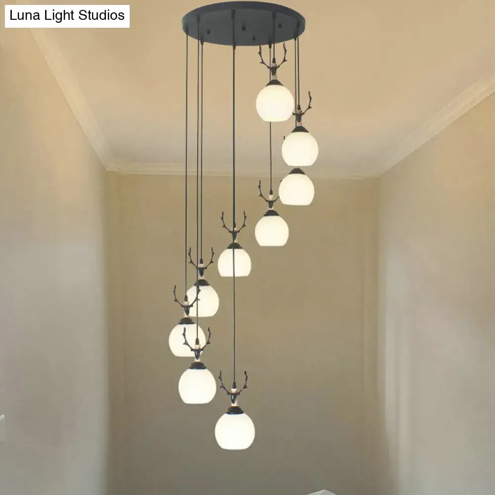 Spiral Milky Glass Multi Pendant Simple Hanging Ceiling Light in Black for Stairs