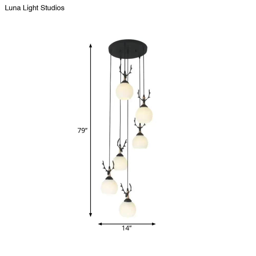Spiral Milky Glass Multi Pendant Simple Hanging Ceiling Light in Black for Stairs