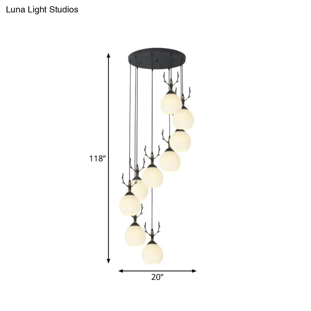 Spiral Milky Glass Multi Pendant Simple Hanging Ceiling Light in Black for Stairs