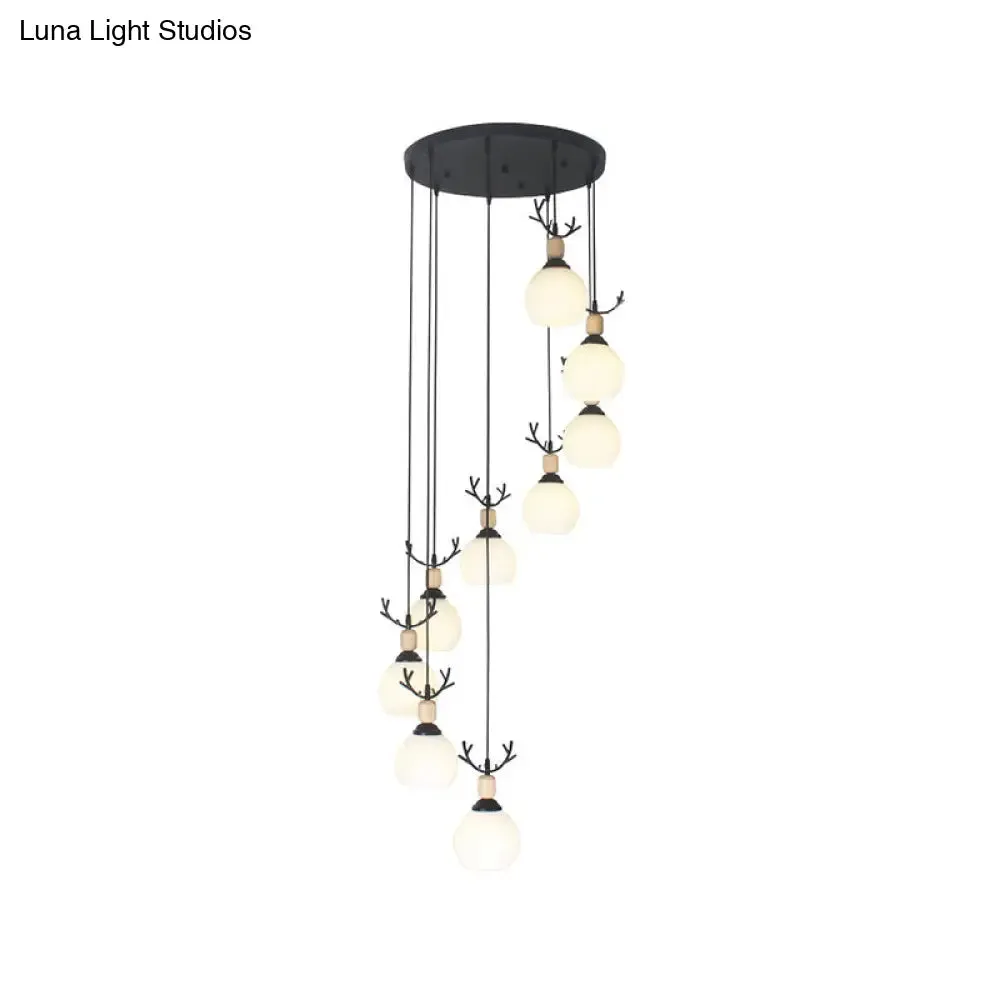 Spiral Milky Glass Multi Pendant Simple Hanging Ceiling Light in Black for Stairs