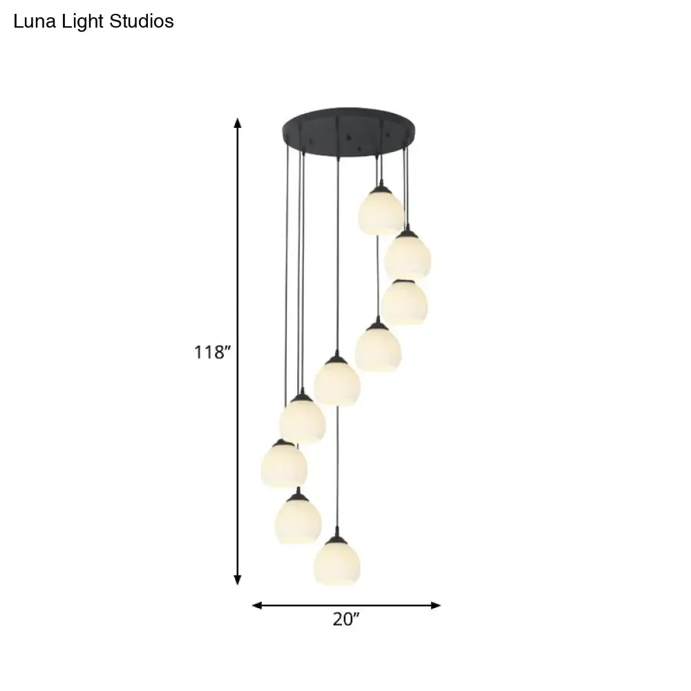 Spiral Milky Glass Multi Pendant Simple Hanging Ceiling Light in Black for Stairs