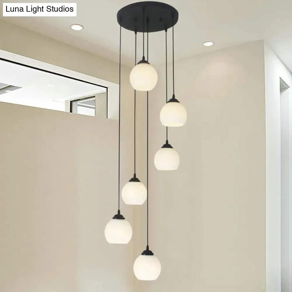 Spiral Milky Glass Multi Pendant Simple Hanging Ceiling Light in Black for Stairs