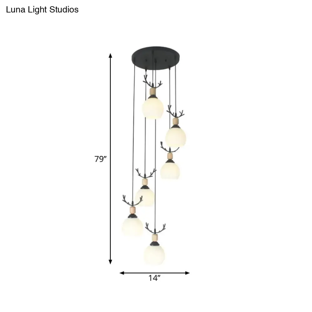 Spiral Milky Glass Multi Pendant Simple Hanging Ceiling Light in Black for Stairs