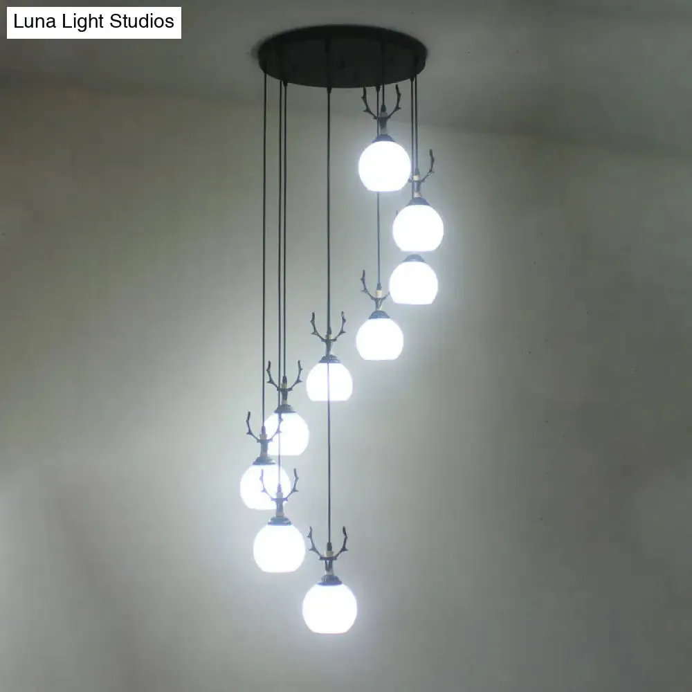 Spiral Milky Glass Multi Pendant Simple Hanging Ceiling Light in Black for Stairs