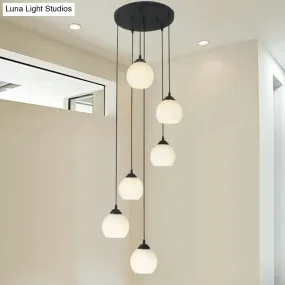 Spiral Milky Glass Multi Pendant Simple Hanging Ceiling Light in Black for Stairs