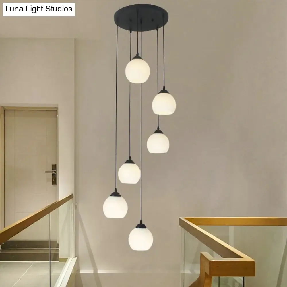 Spiral Milky Glass Multi Pendant Simple Hanging Ceiling Light in Black for Stairs