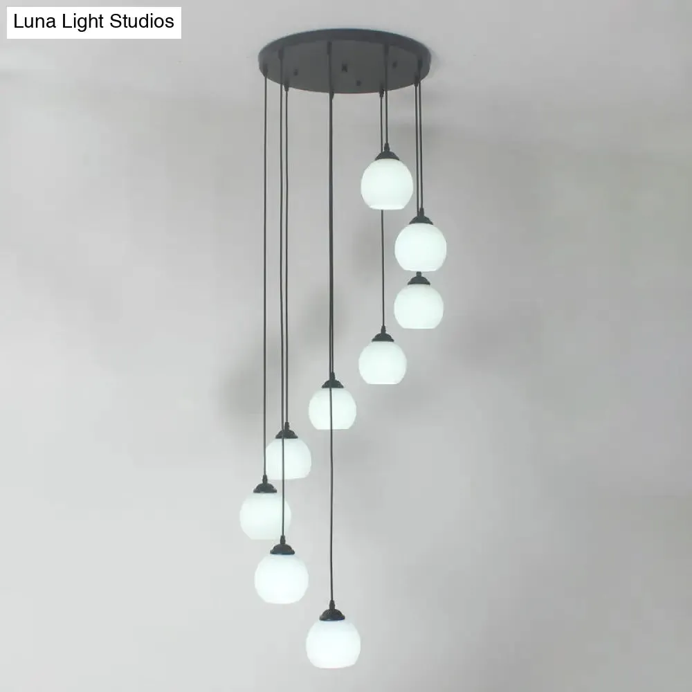 Spiral Milky Glass Multi Pendant Simple Hanging Ceiling Light in Black for Stairs