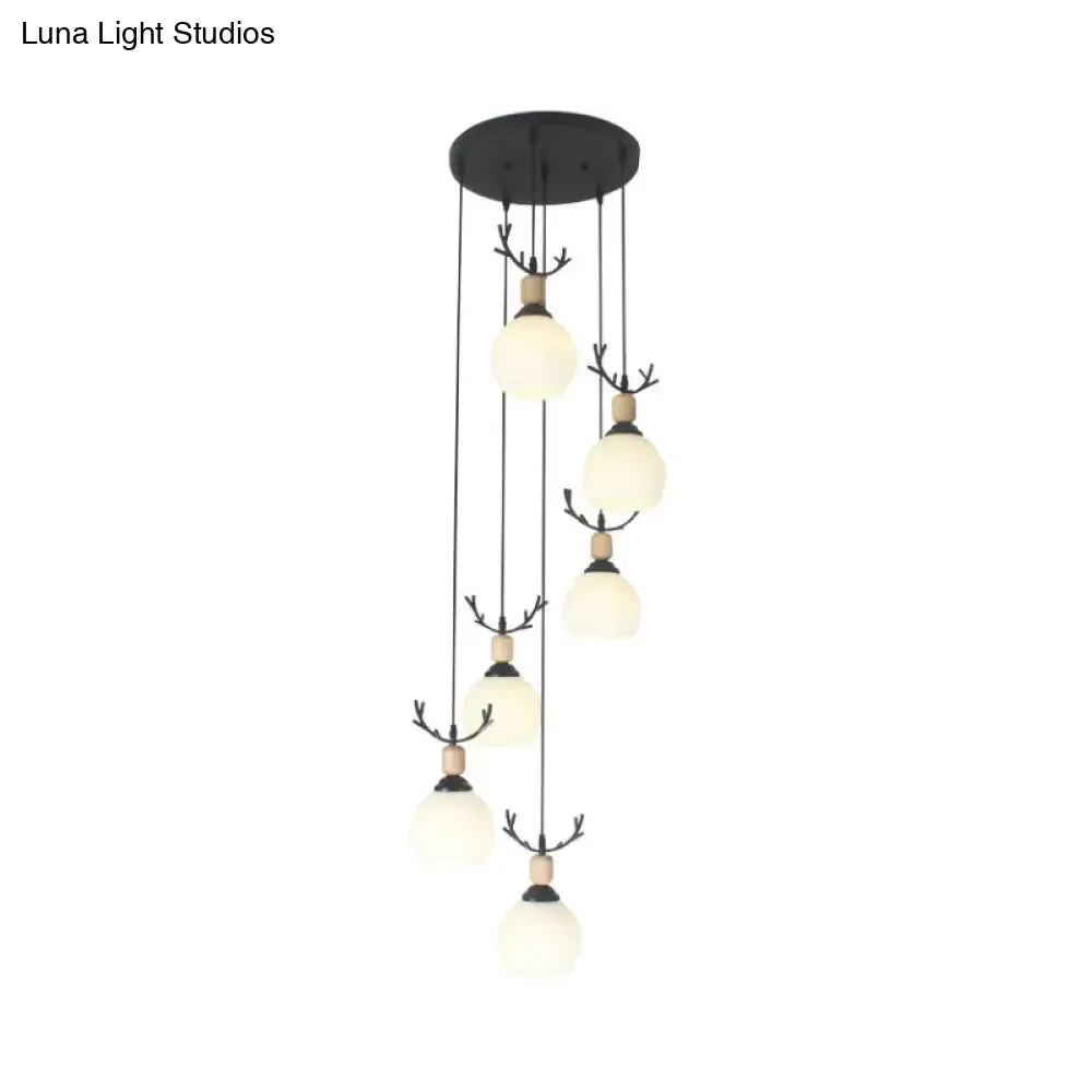 Spiral Milky Glass Multi Pendant Simple Hanging Ceiling Light in Black for Stairs