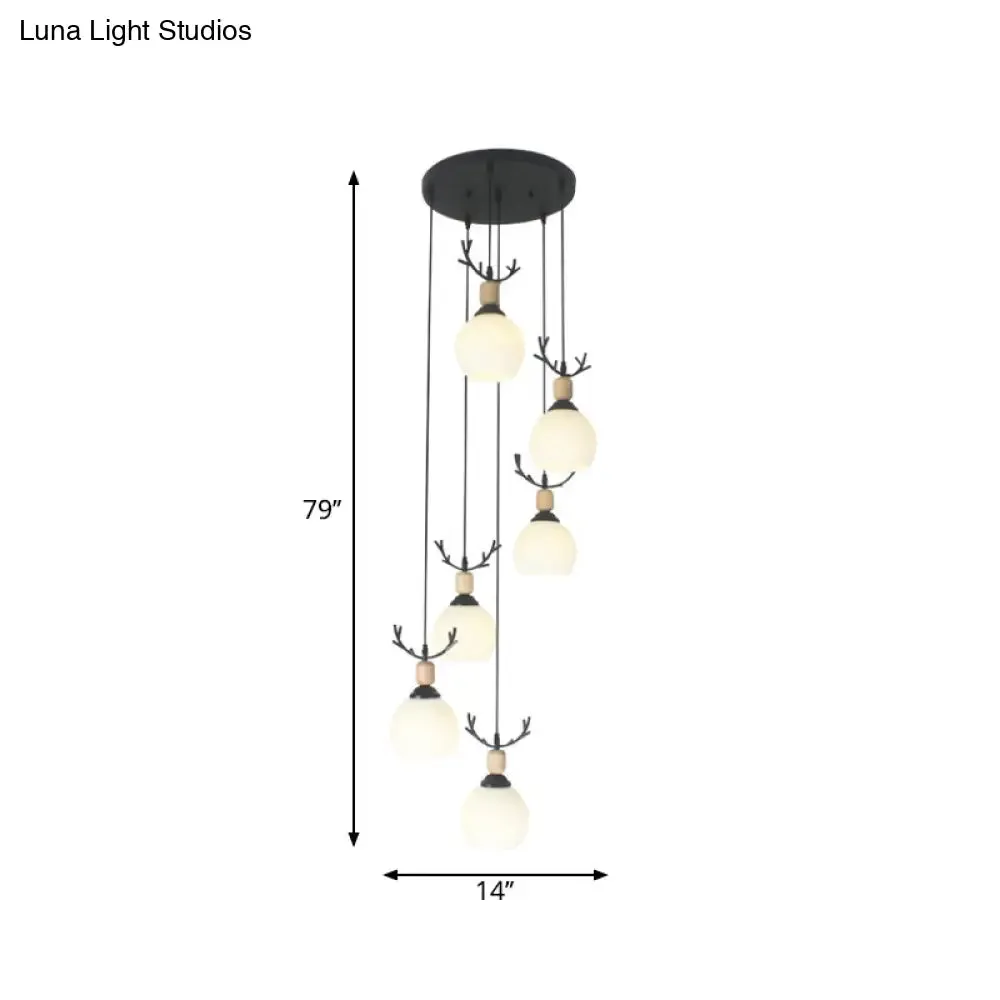 Spiral Milky Glass Multi Pendant Simple Hanging Ceiling Light in Black for Stairs