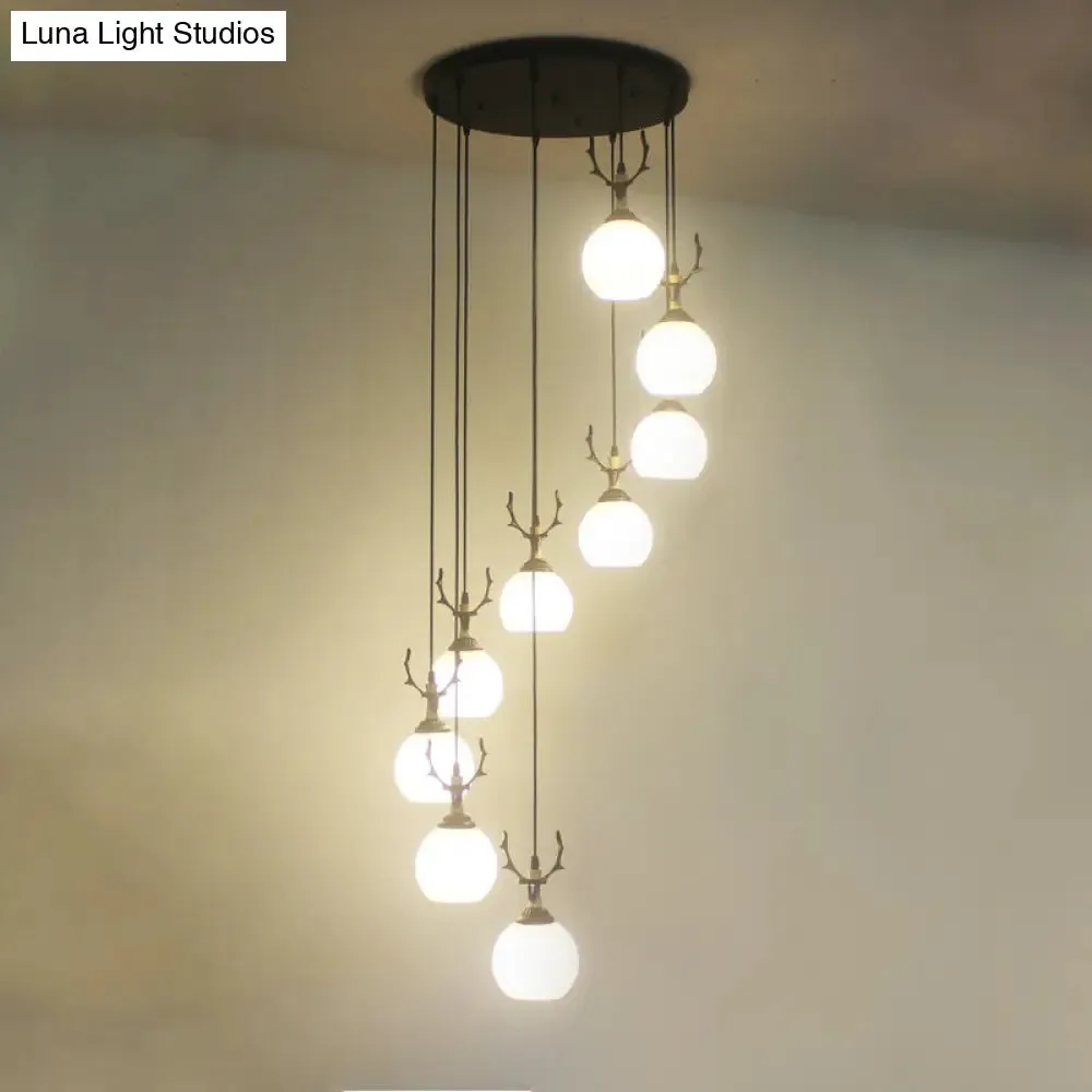 Spiral Milky Glass Multi Pendant Simple Hanging Ceiling Light in Black for Stairs