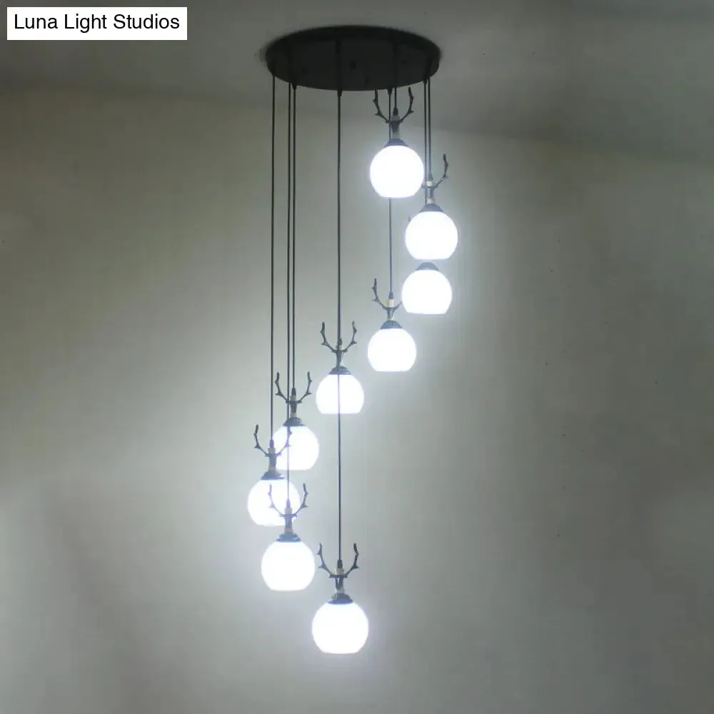 Spiral Milky Glass Multi Pendant Simple Hanging Ceiling Light in Black for Stairs